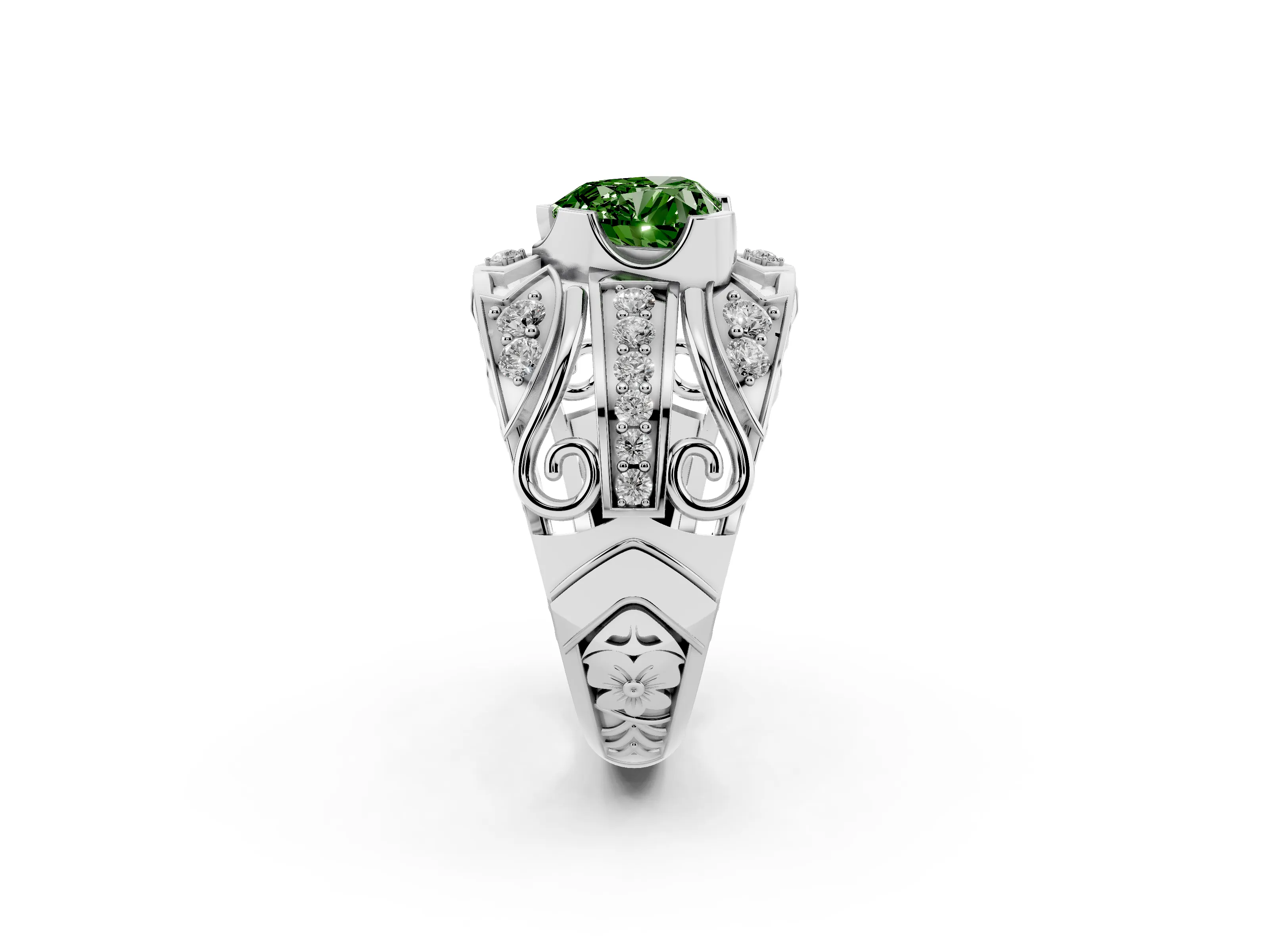 Fancy Green Heart Cut Diamond Art Deco Ring Set in Silver with Pavé Split Shank