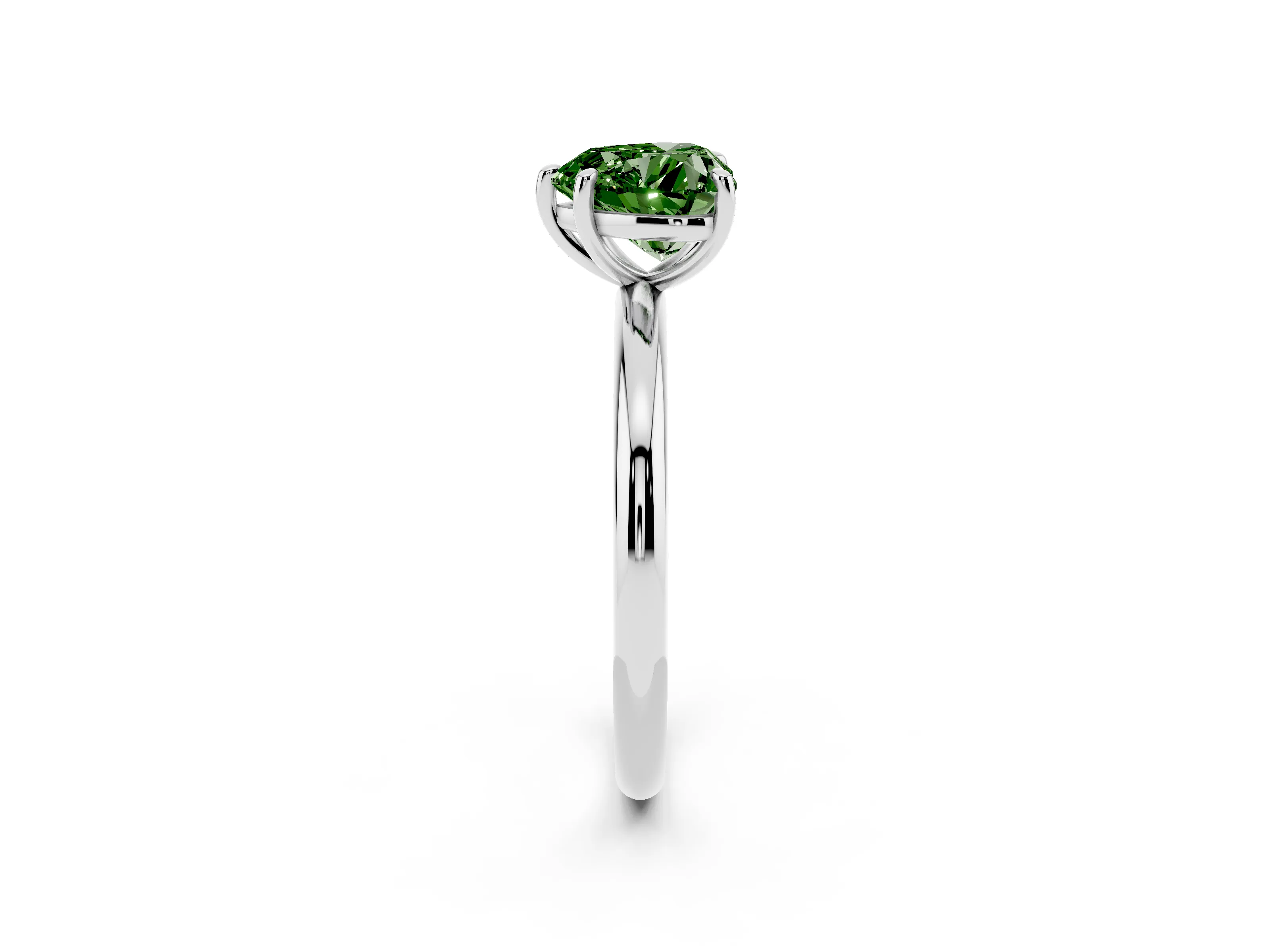 Fancy Green Heart Cut Diamond Solitaire Ring Set in Platinum with Prong Setting on a Polished Plain Band