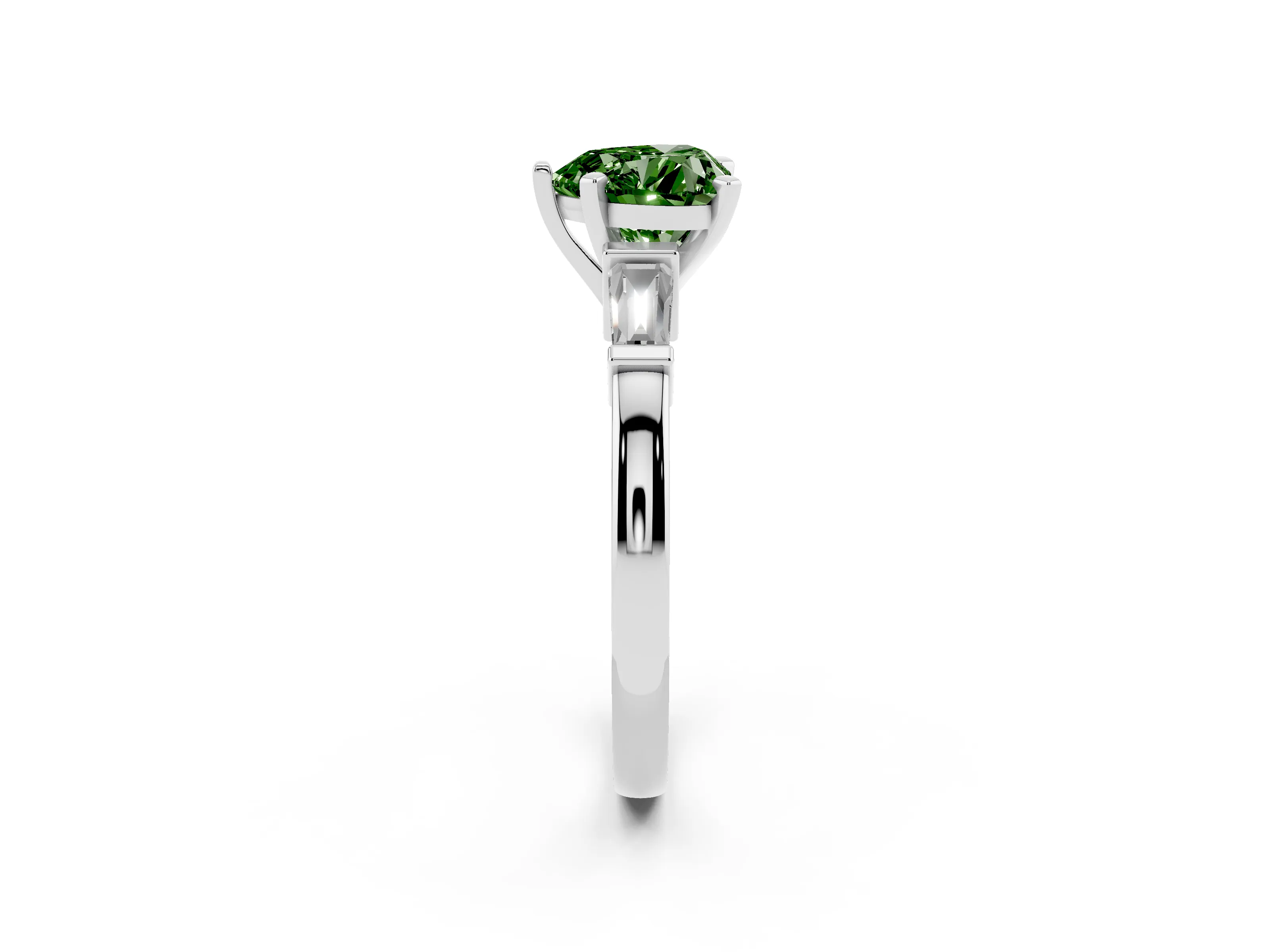 Fancy Green Heart Cut Diamond Solitaire Ring Set in Silver with Tapered Baguette Accents and Prong Setting