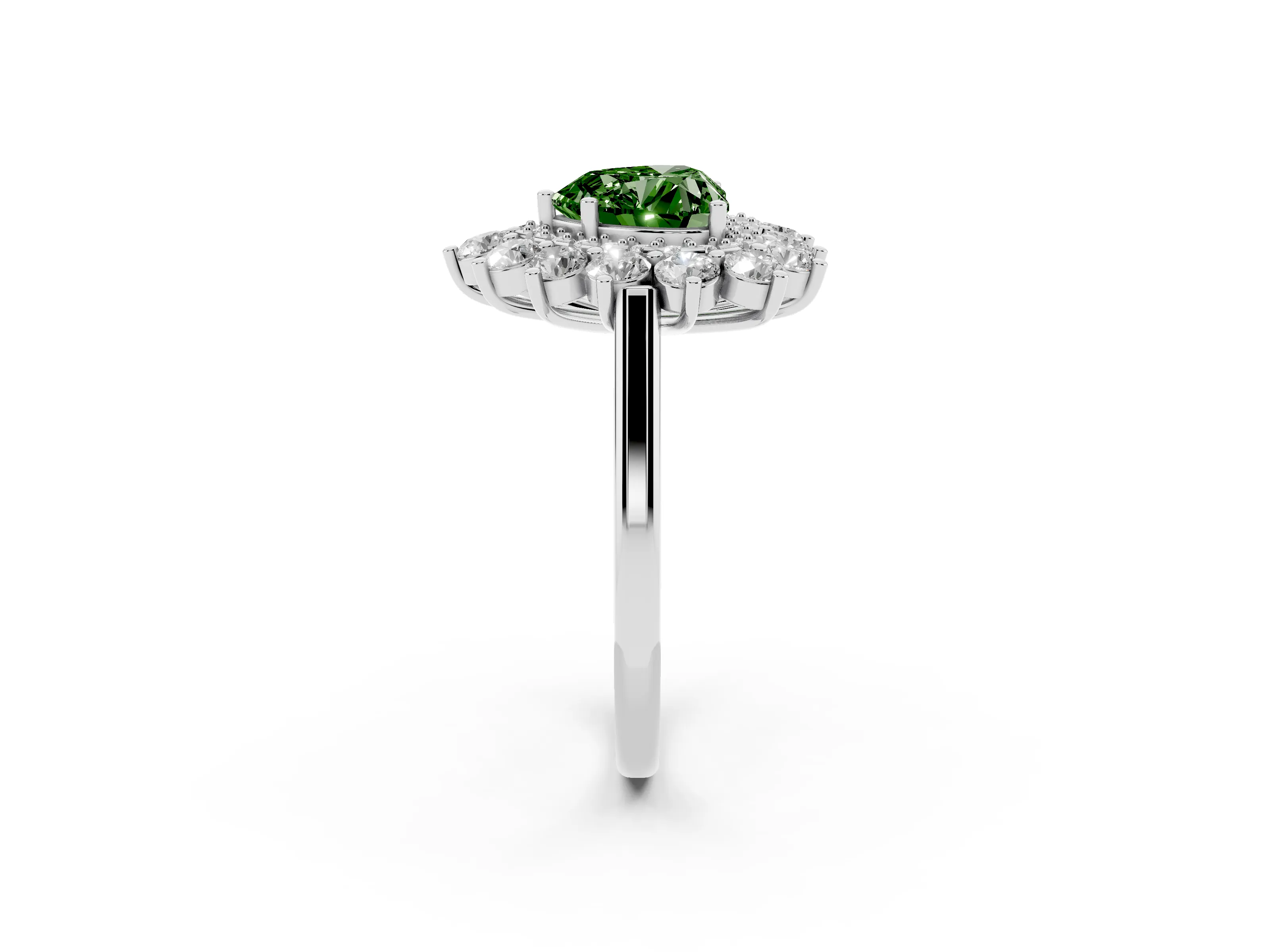 Fancy Green Heart Cut Diamond Floral Double Halo Ring Set in Silver with Round Petals