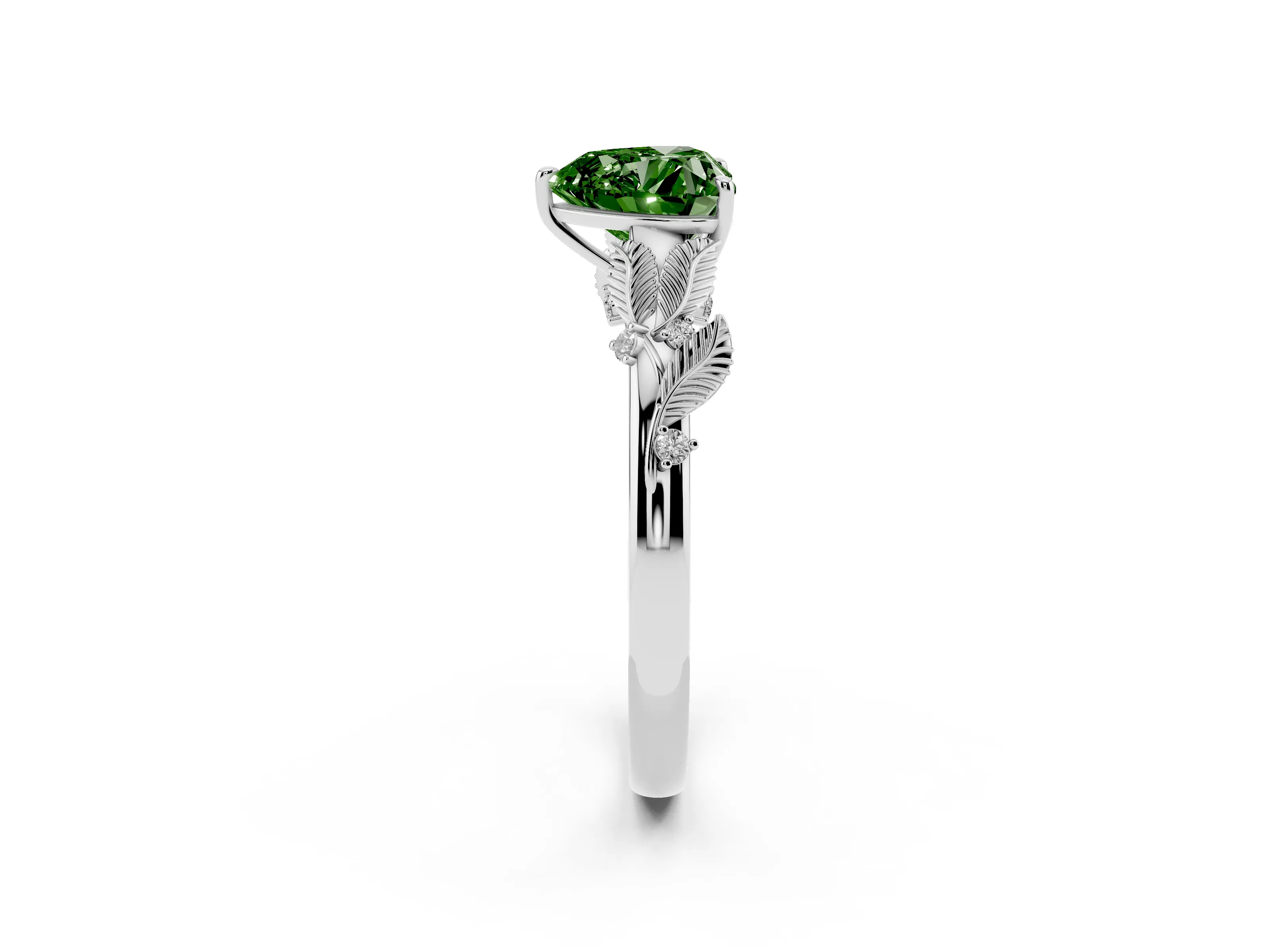 Fancy Green Heart Cut Diamond Solitaire Ring Set in Silver with Leaf Motif Band