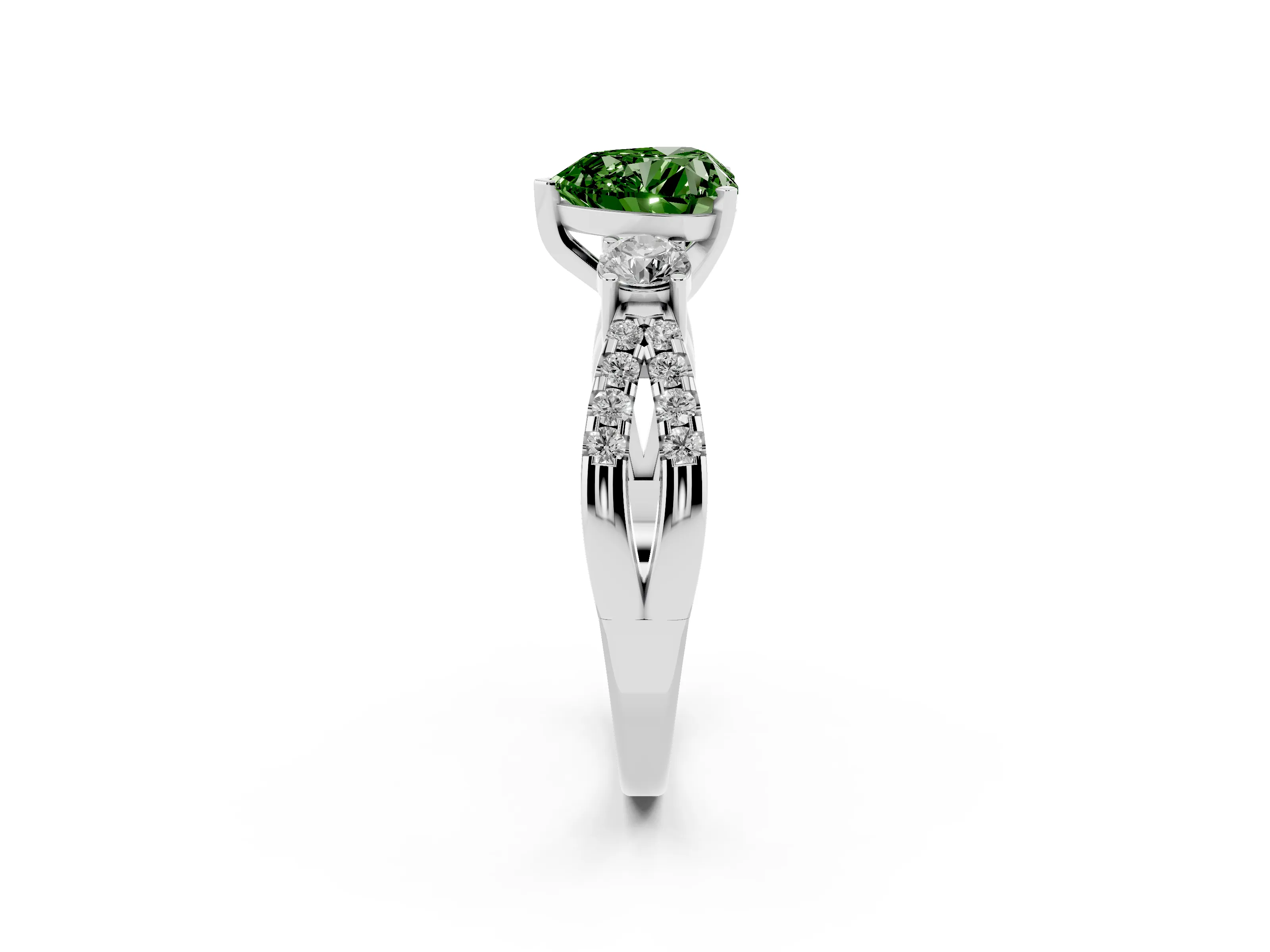 Fancy Green Heart Cut Diamond Three-Stone Ring Set in Platinum with Pavé Split Shank and Prong Setting