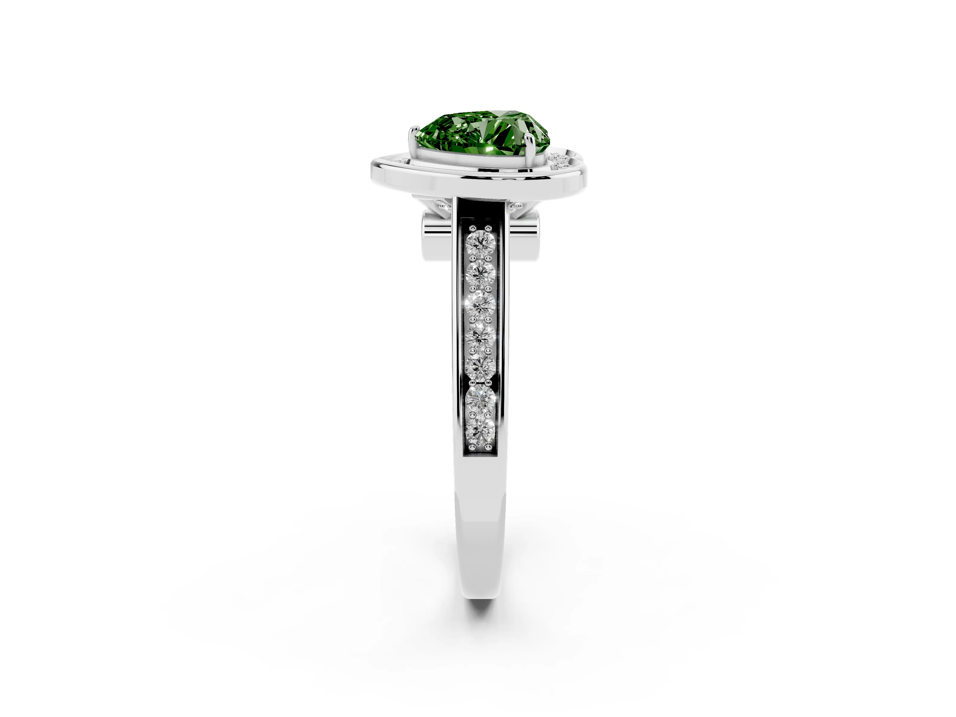 Fancy Green Heart Cut Diamond Halo Solitaire Ring Set in White gold with Pavé Band and Bezel Setting