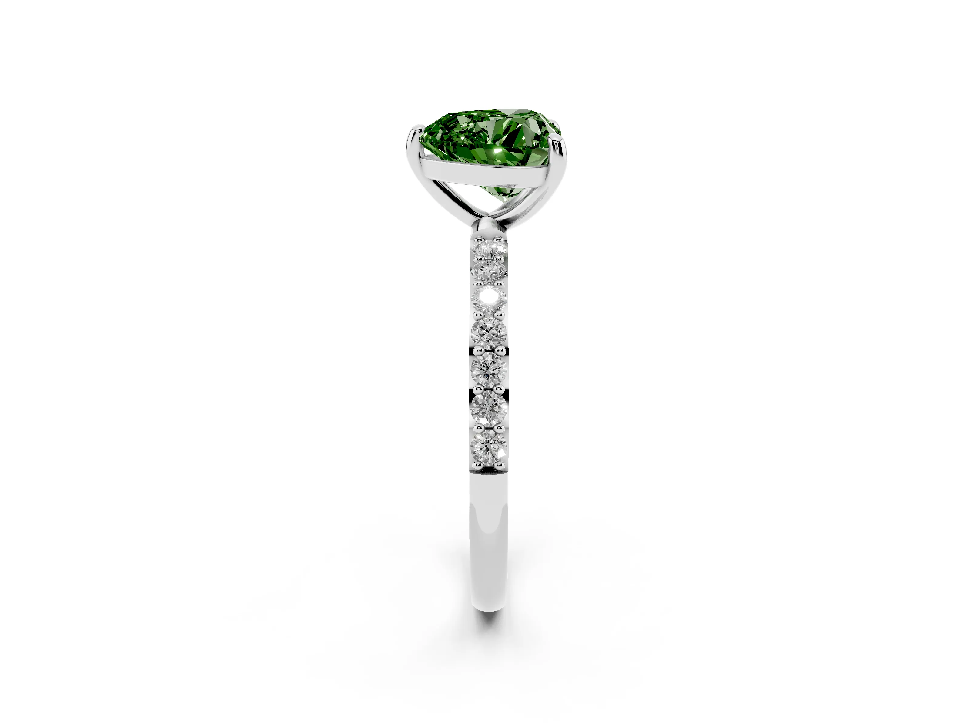 Fancy Green Heart Cut Diamond Solitaire Ring Set in Silver with Round Pavé Band and Prong Setting