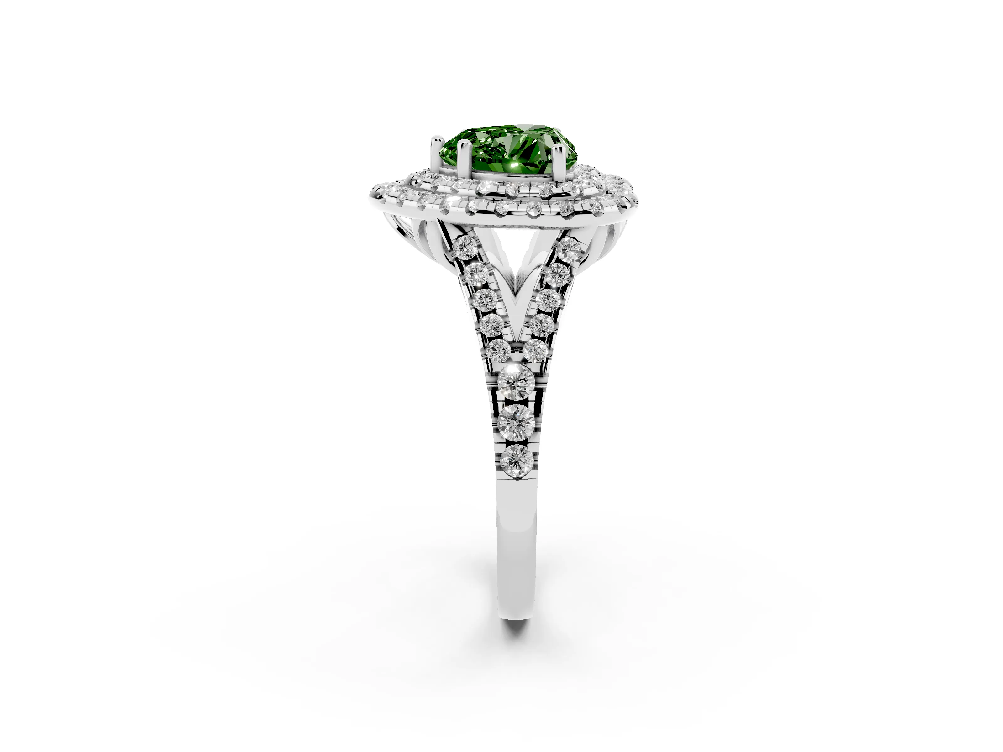 Fancy Green Heart Cut Diamond Double Halo Ring Set in Silver with Pavé Split Shank and Prong Setting