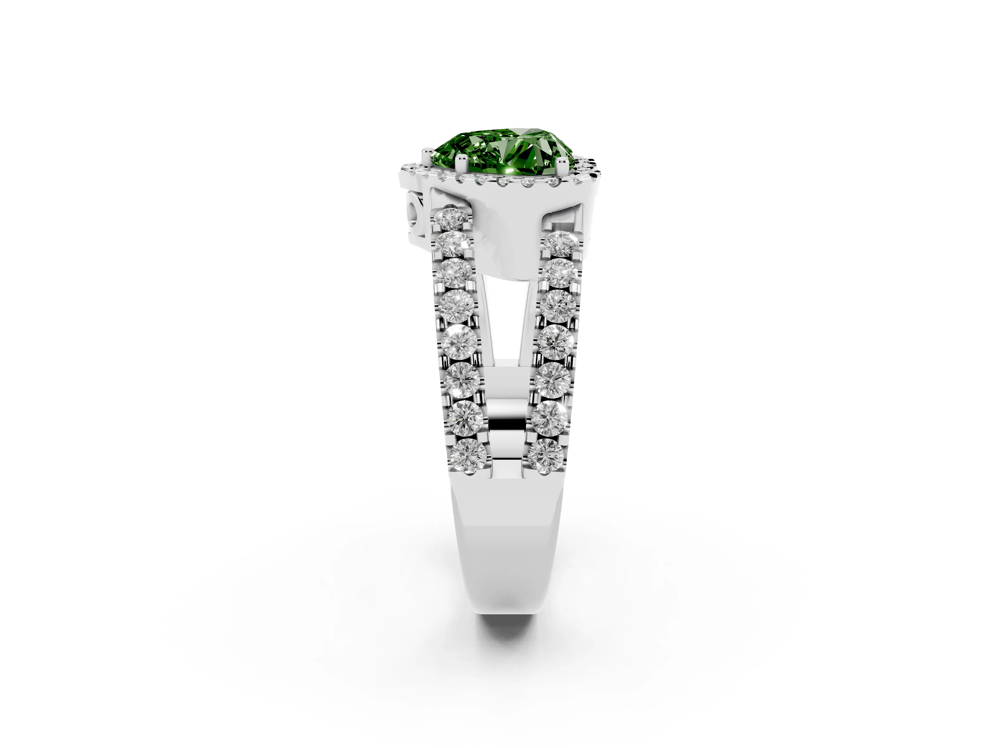 Fancy Green Heart Cut Diamond Halo Ring Set in Silver with Pavé Split Shank and Prong Setting