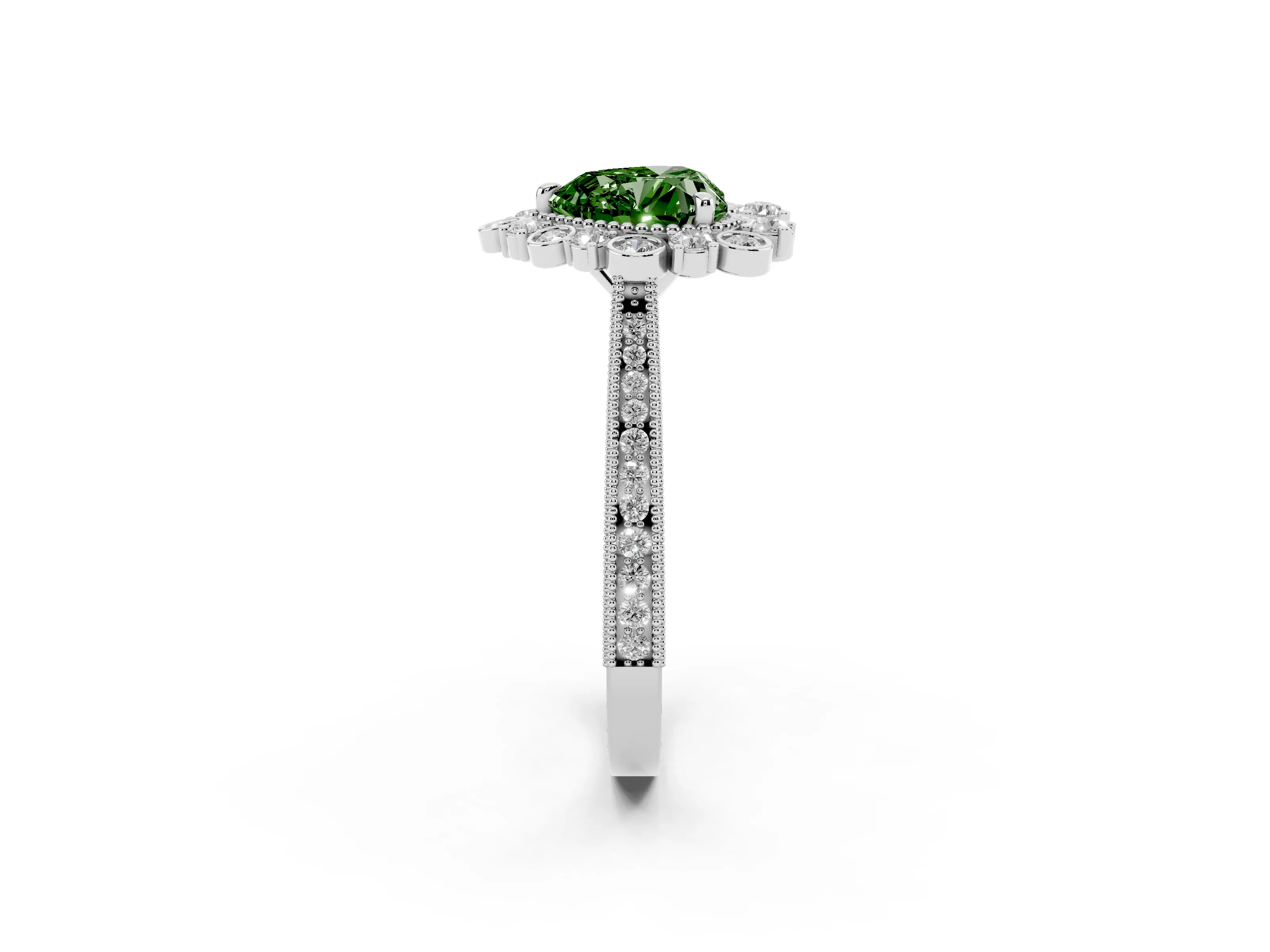 Fancy Green Heart Cut Diamond Halo Milgrain Pavé Ring Set in White gold with Prong Setting