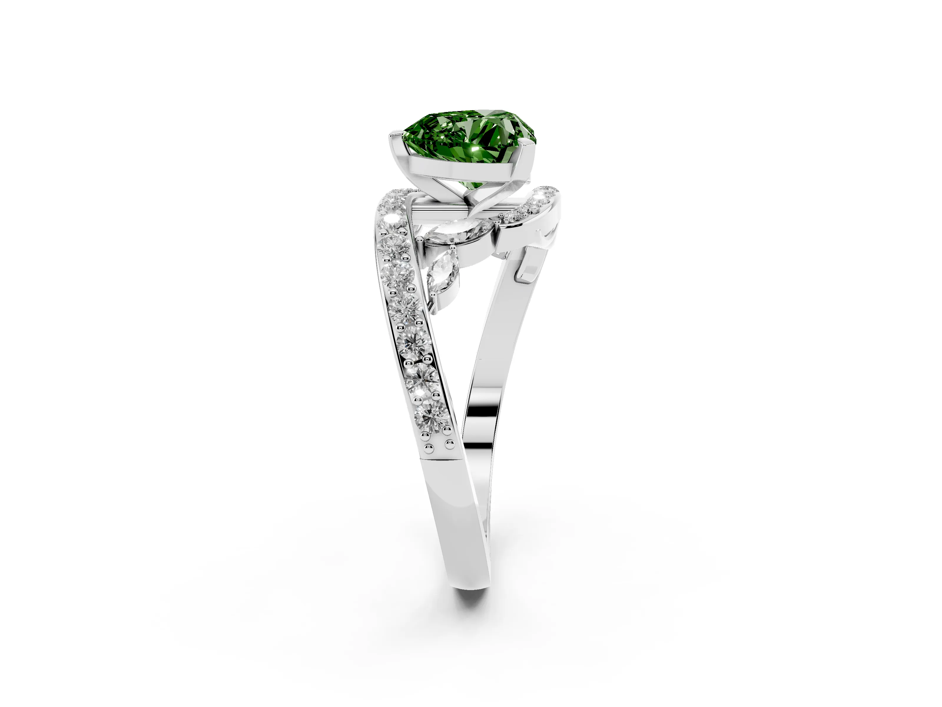 Fancy Green Heart Cut Diamond Solitaire Ring Set in Silver with Pavé Twist Band and Secure Prong Setting