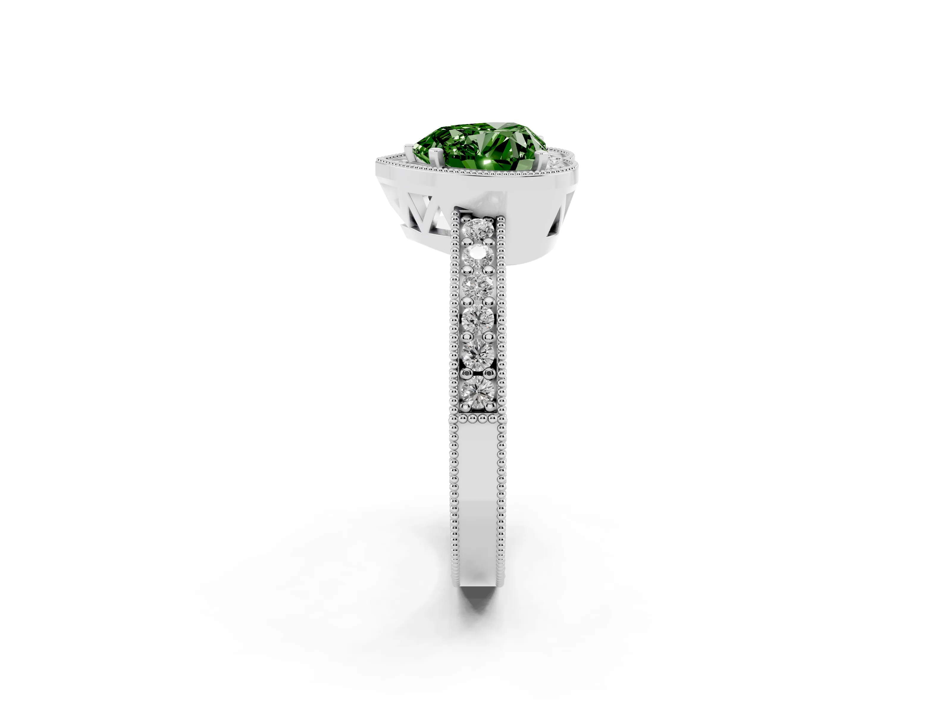 Fancy Green Heart Cut Diamond Halo Pavé Band Ring Set in Silver with Prong-Set Center