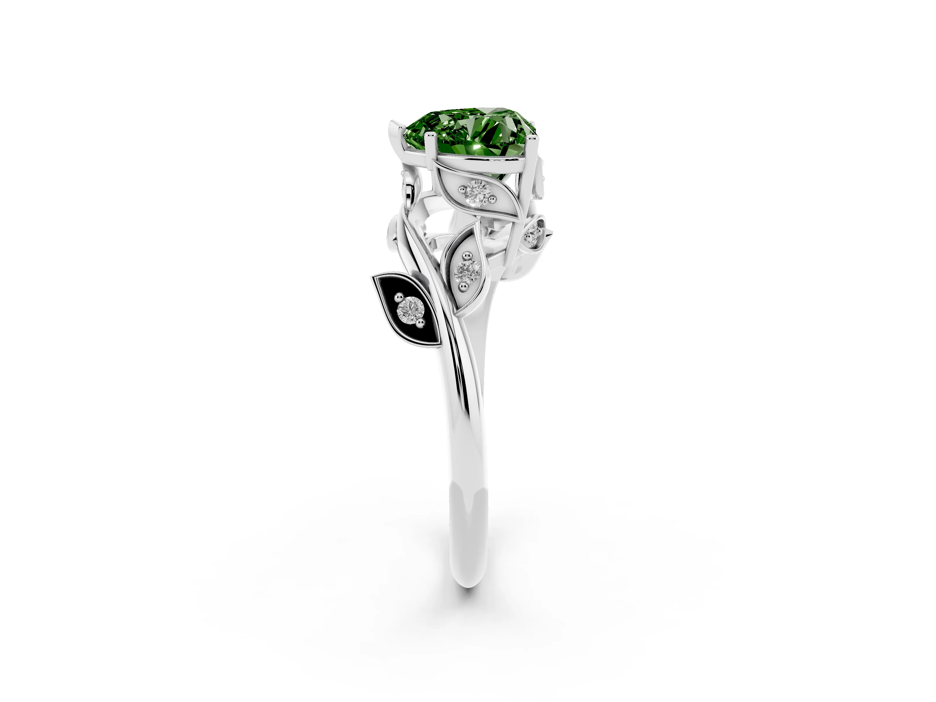 Fancy Green Heart Cut Diamond Solitaire Twist Engagement Ring Set in Silver with Pavé Leaf Accents