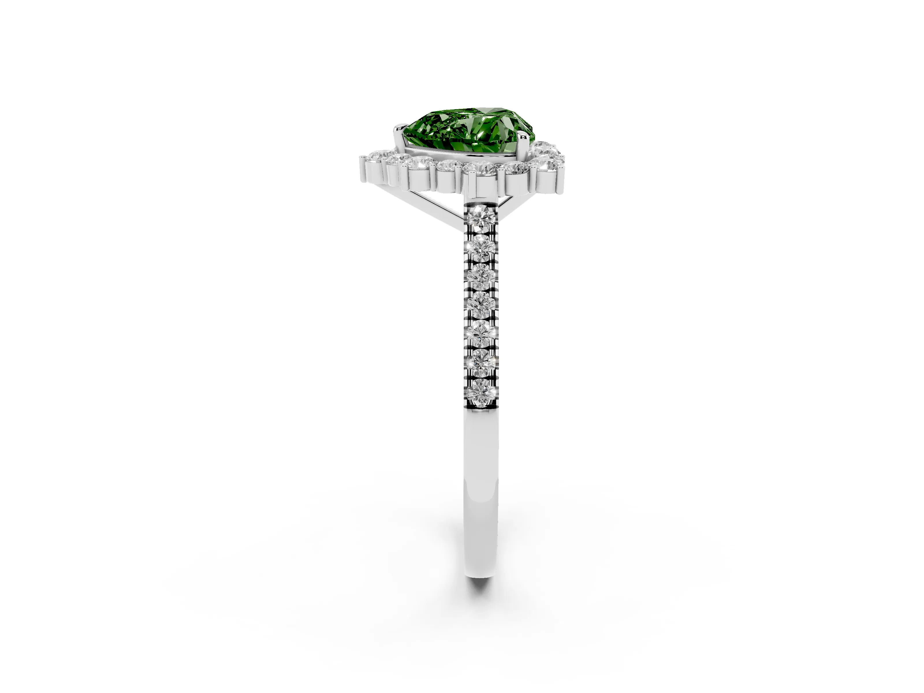 Fancy Green Heart Cut Diamond Halo Ring Set in Silver with Pavé Band and Prong Setting