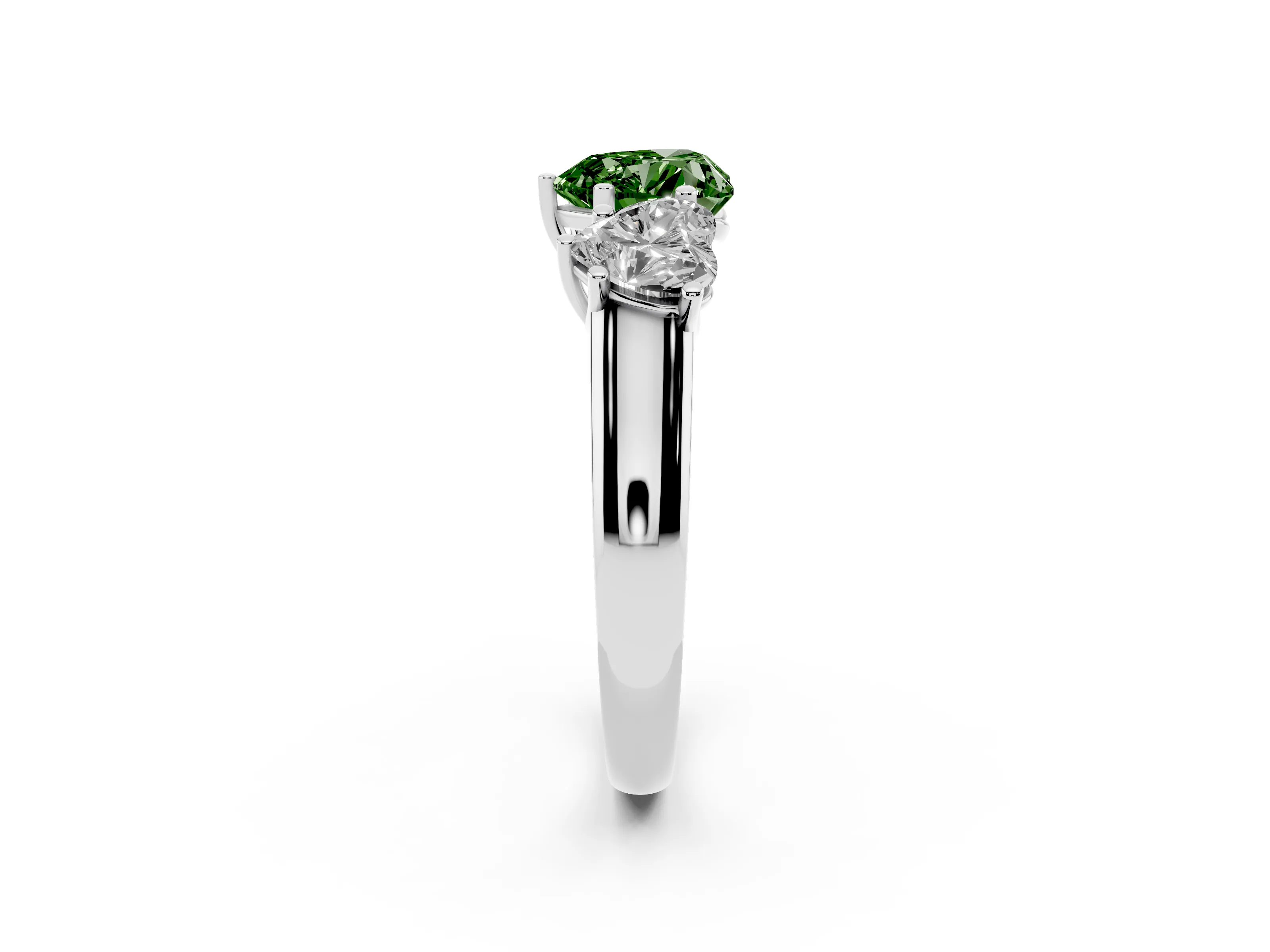 Fancy Green Heart Cut Diamond Three-Stone Ring Set in Silver with Plain Polished Band