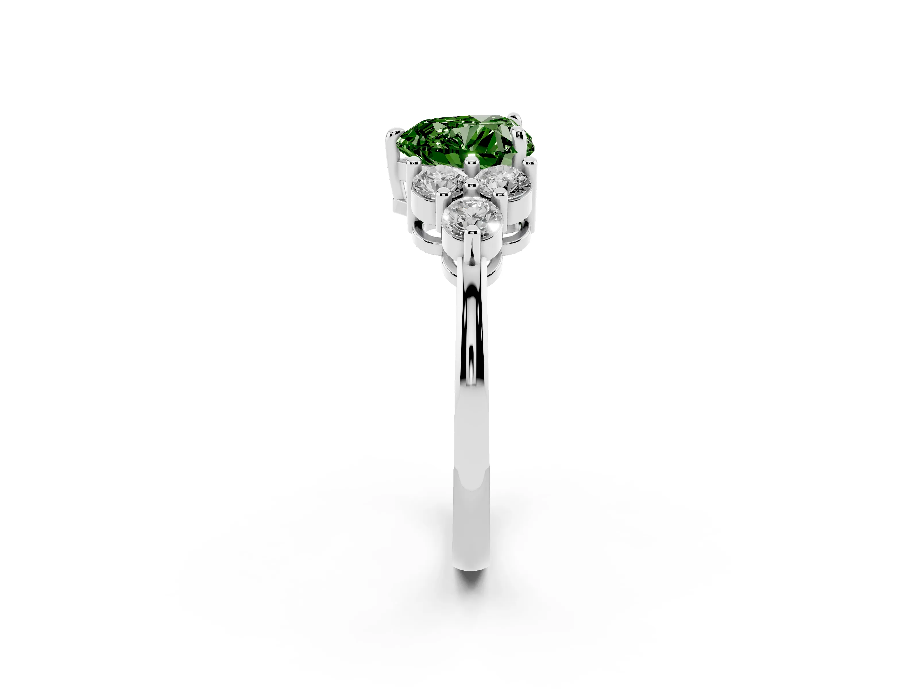 Fancy Green Heart Cut Diamond Solitaire Ring Set in Silver with Cluster Accents on Each Side