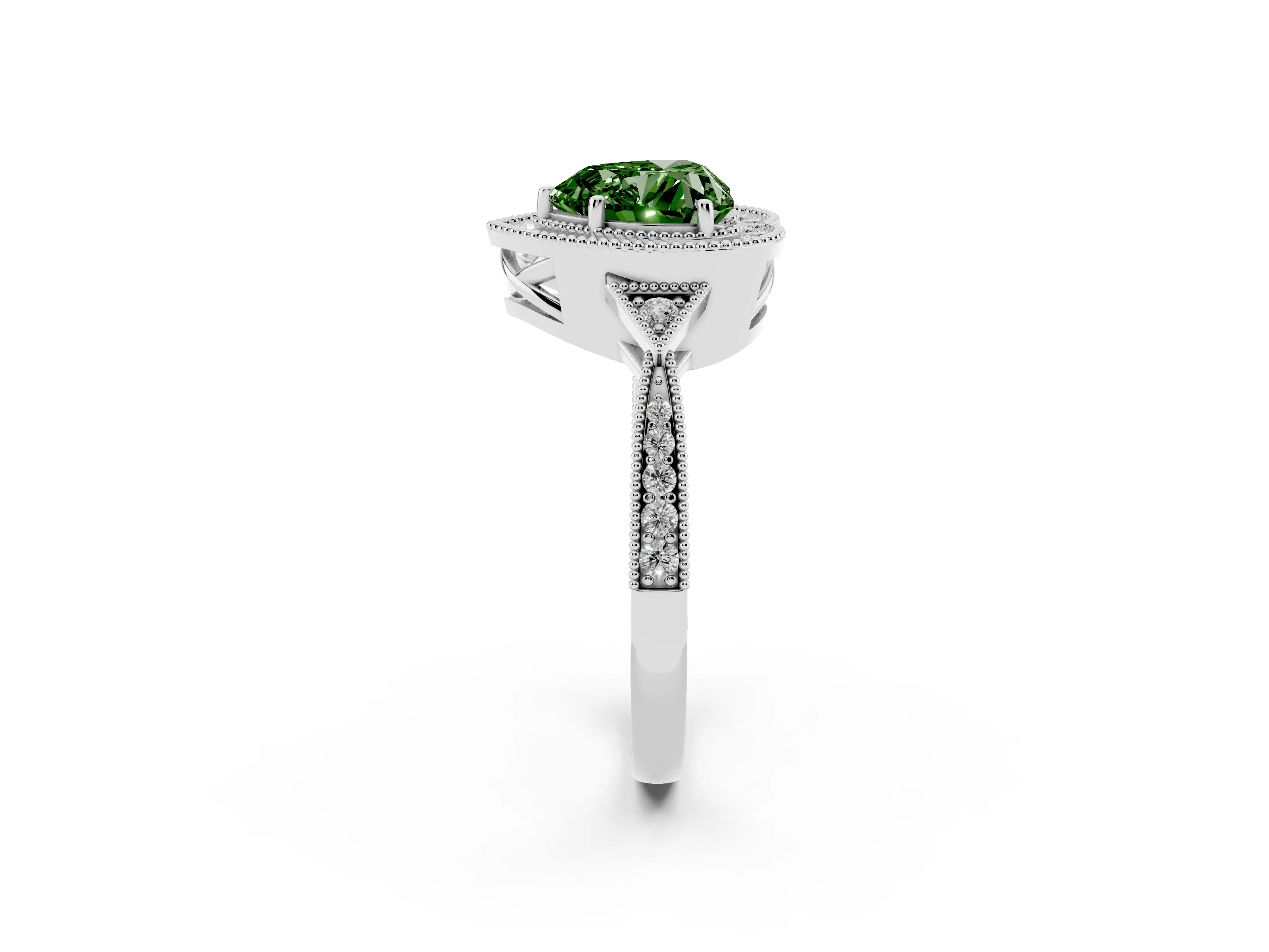 Fancy Green Heart Cut Diamond Halo Engagement Ring Set in White gold with Milgrain Pavé Band
