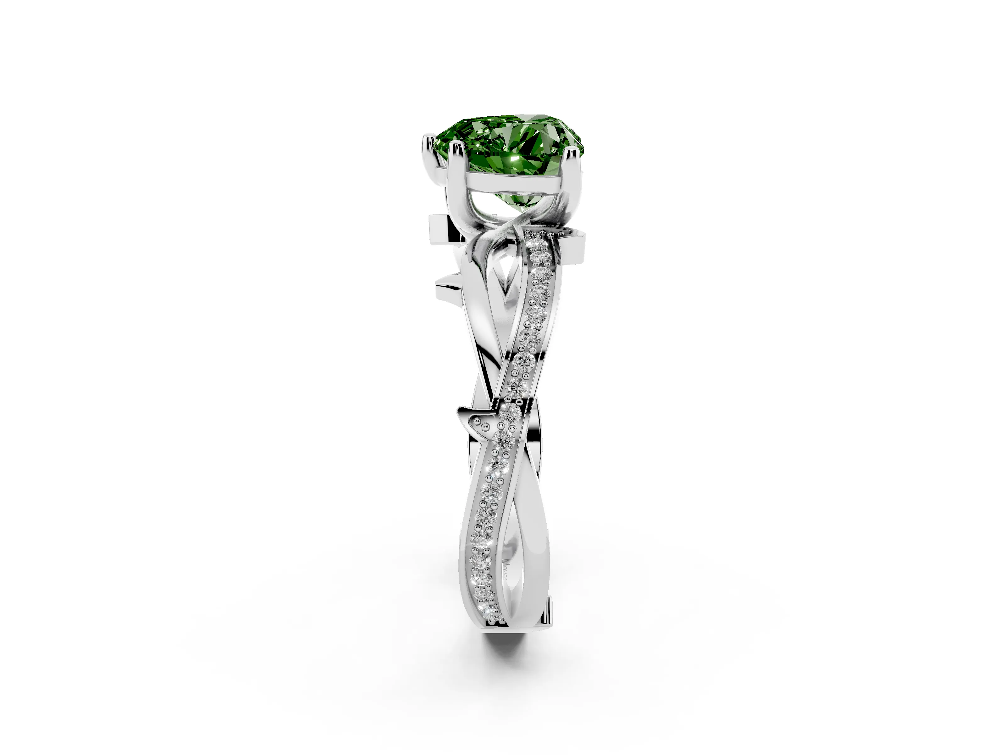 Fancy Green Heart Cut Diamond Pavé Twist Band Solitaire Ring Set in Silver with Prong Setting