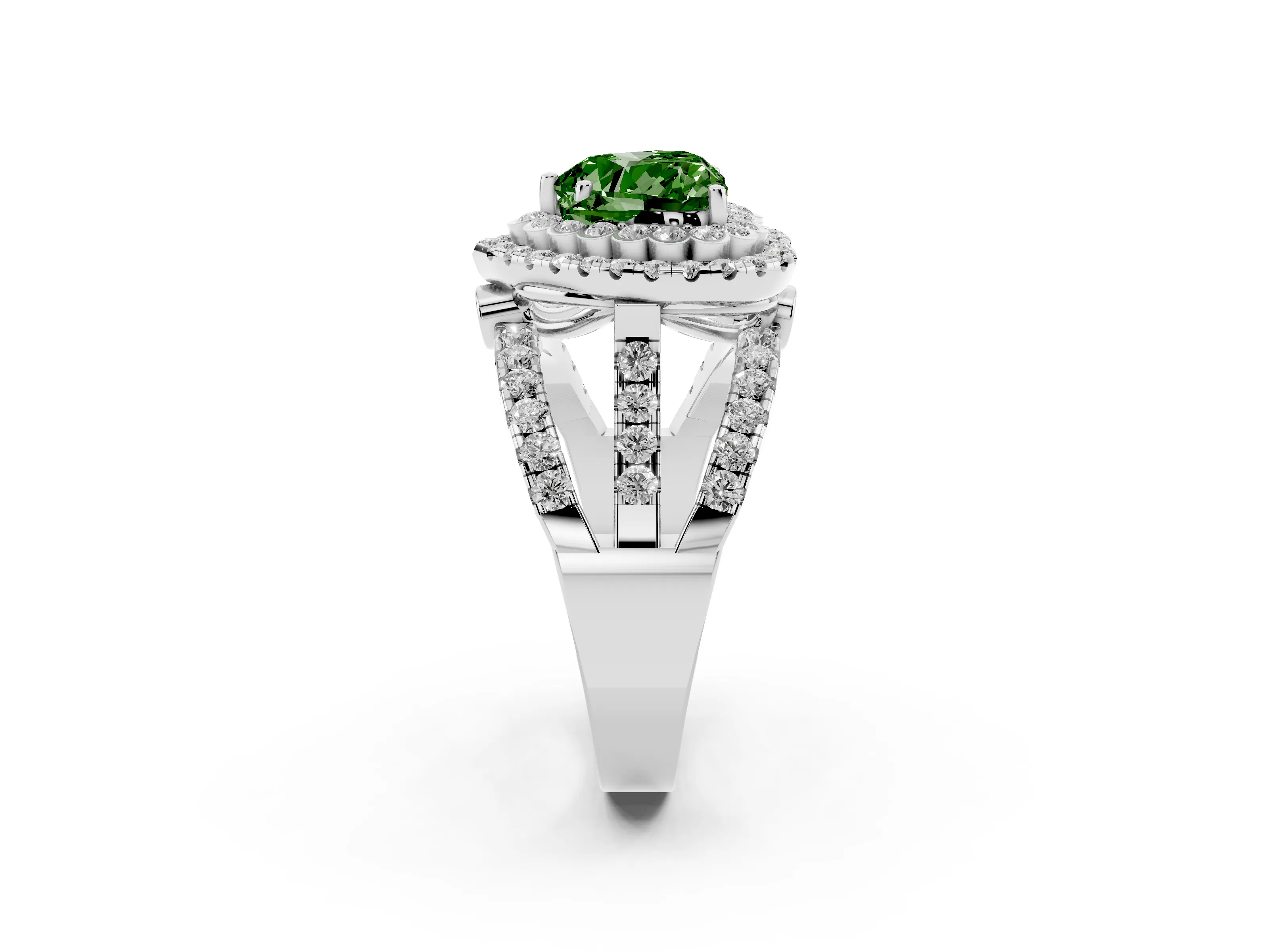 Fancy Green Heart Cut Diamond Double Halo Ring Set in White gold with Round Pavé Split Shank