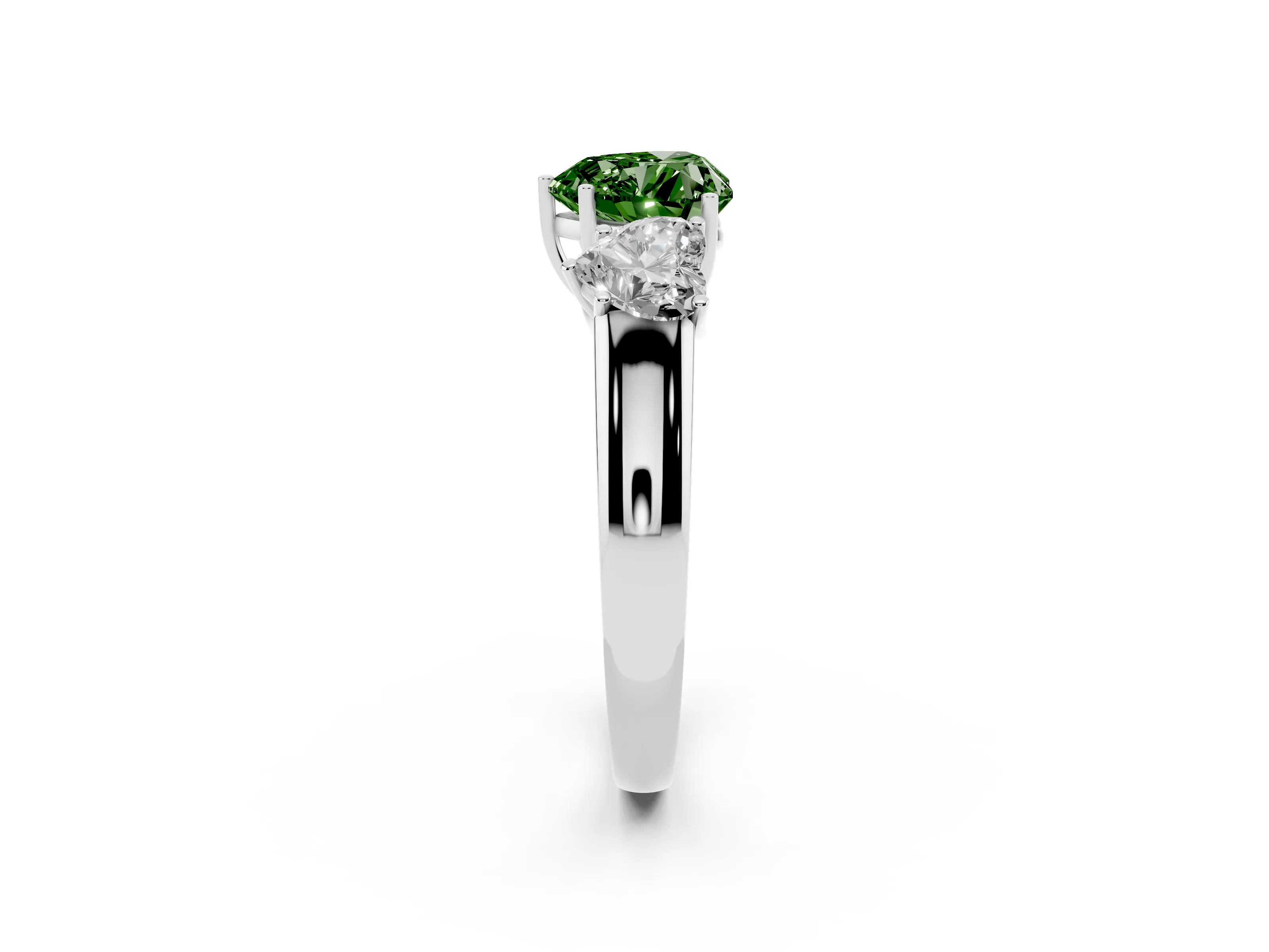 Fancy Green Three-Stone Heart Cut Diamond Ring Set in Platinum with Matching Prong Settings and Plain Band