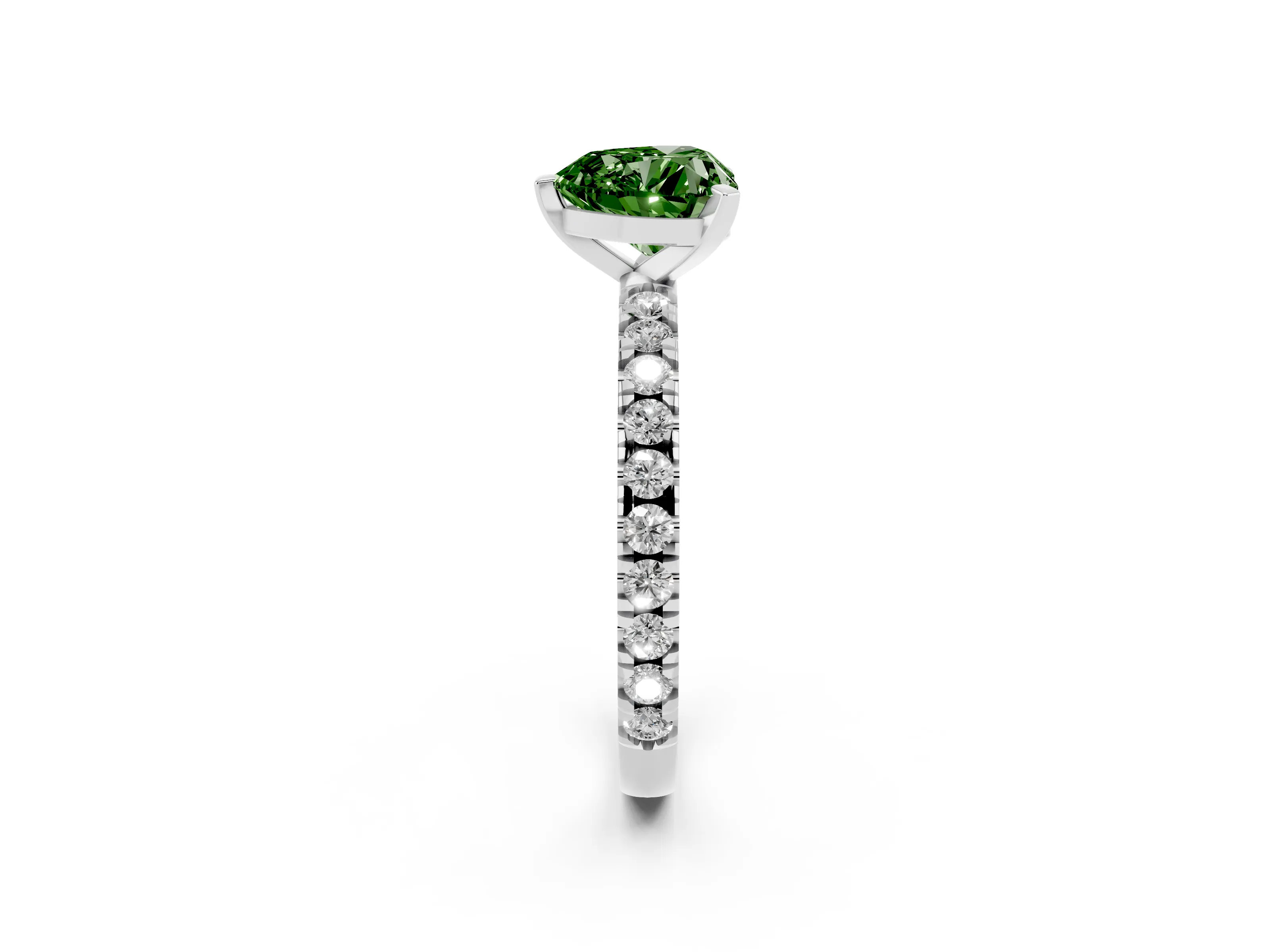 Fancy Green Heart Cut Diamond Pavé Band Solitaire Set in White gold with Prong Setting
