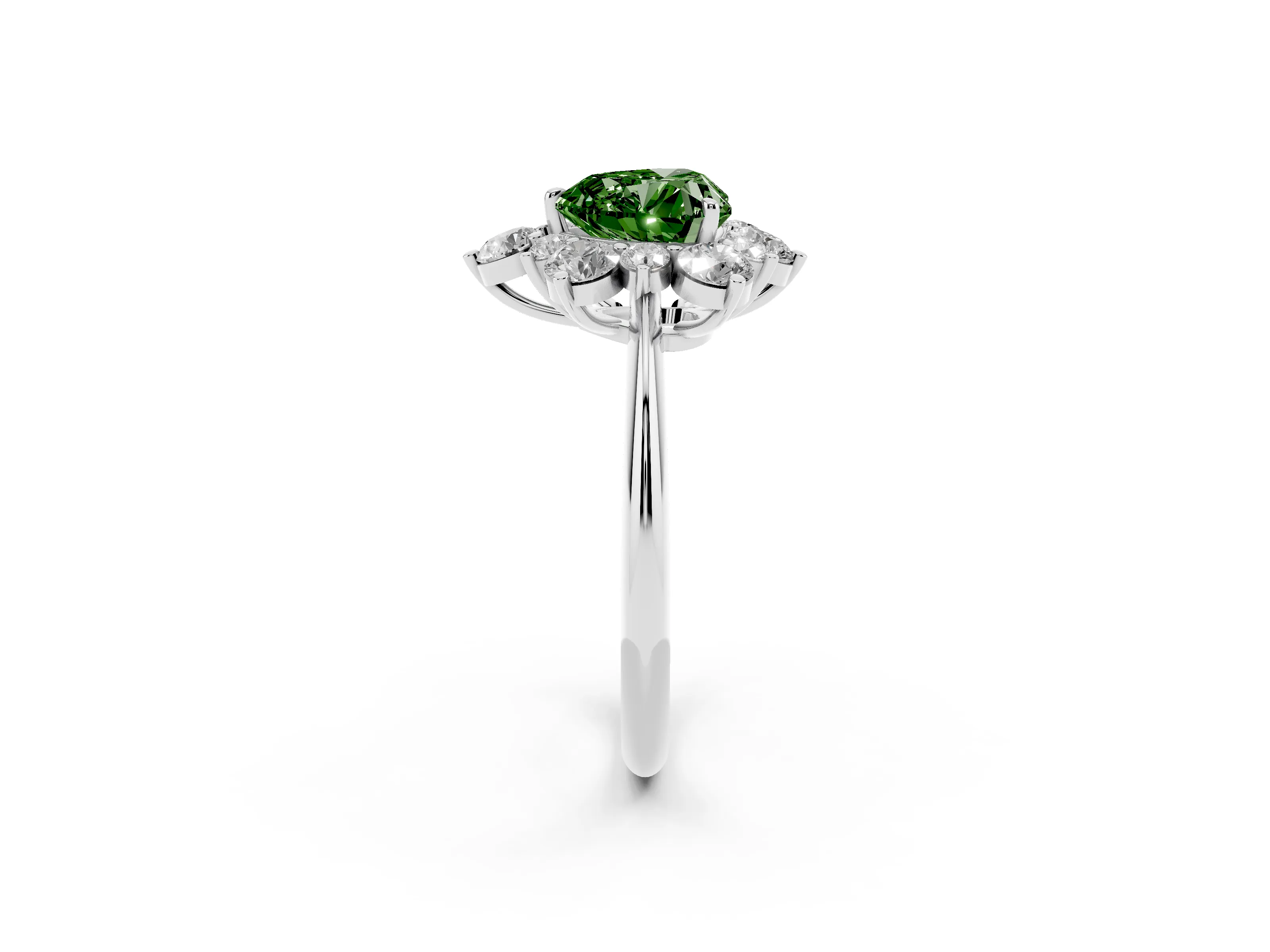 Fancy Green Heart Cut Diamond Cluster Halo Ring Set in White gold with Solitaire Band and Prong Setting