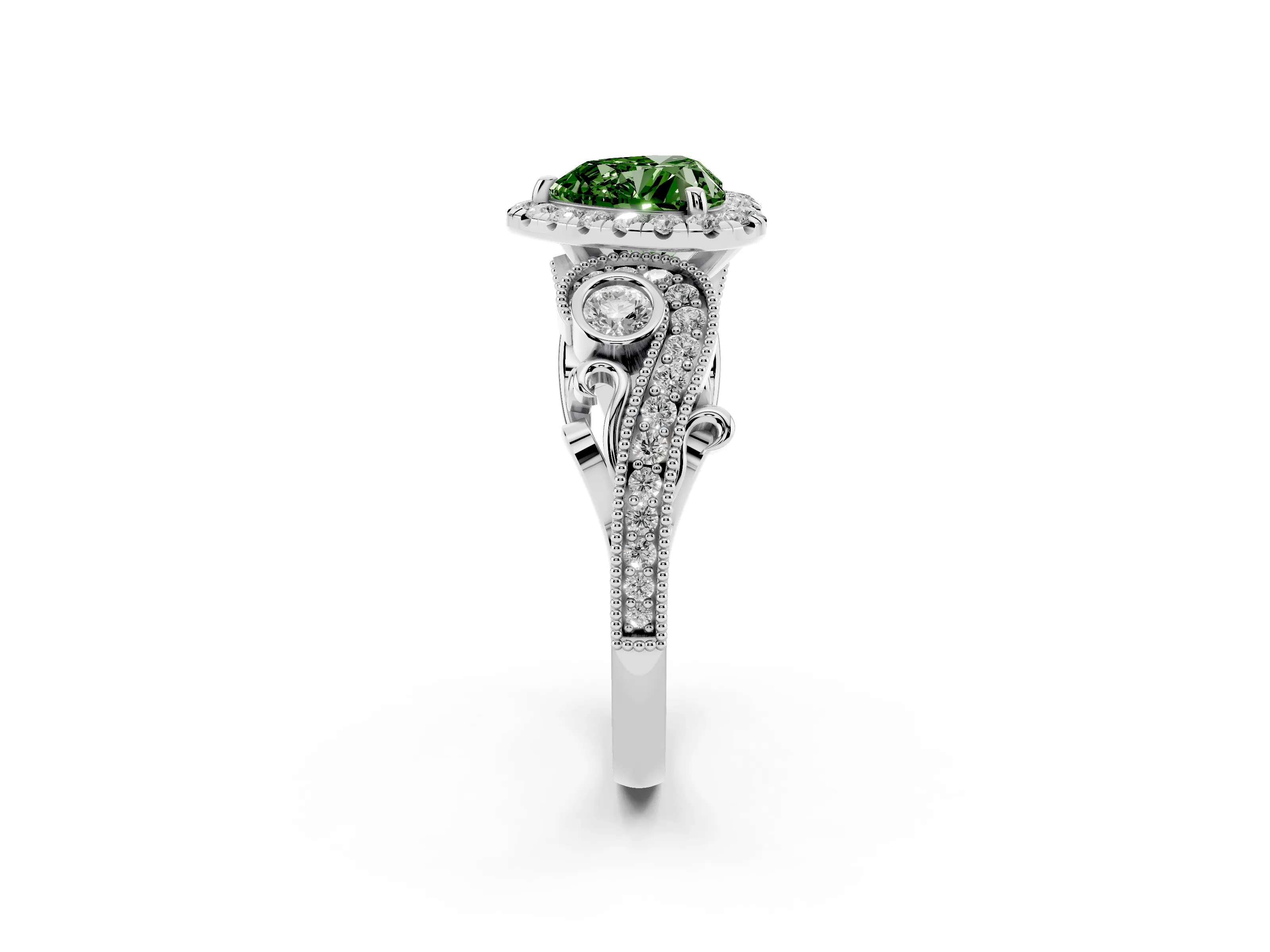 Fancy Green Heart Cut Diamond Halo Ring Set in White gold with Milgrain Pavé Band and Prong Setting