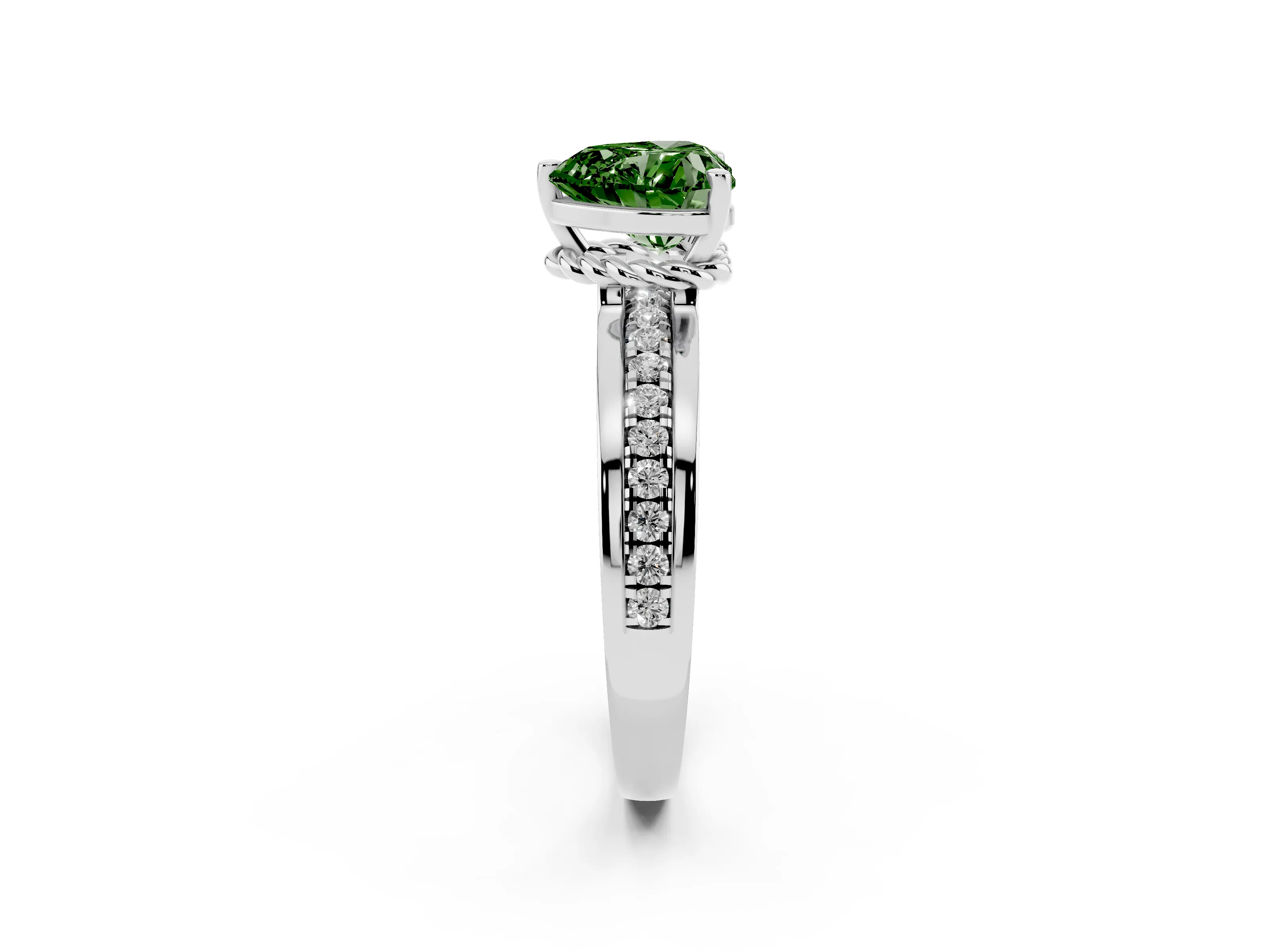 Fancy Green Heart Cut Diamond Solitaire Ring Set in White gold with Channel Set Band and Prong Setting