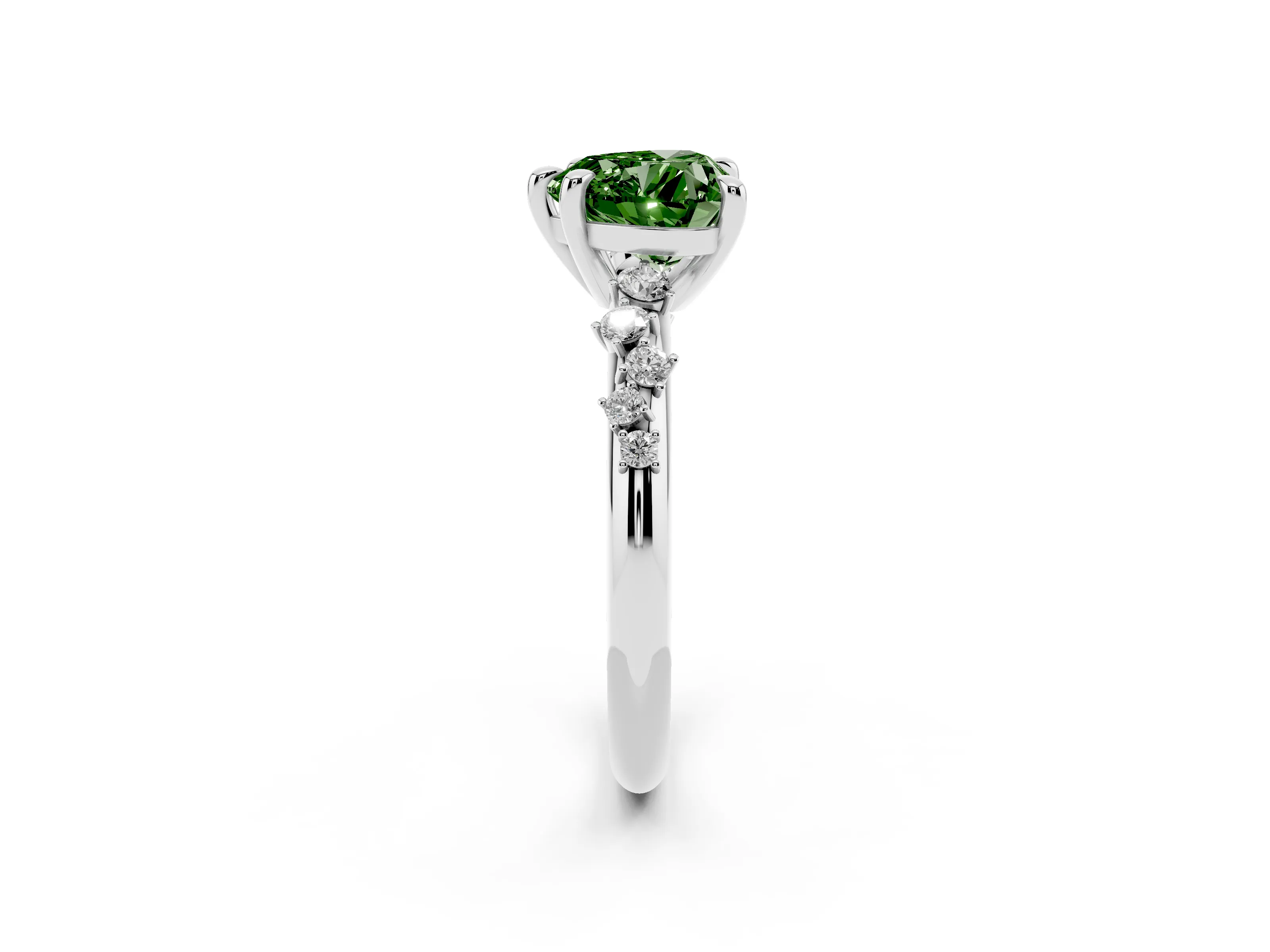 Fancy Green Heart Cut Diamond Solitaire Vine Band Ring Set in Silver with Round Accents and Prong Setting