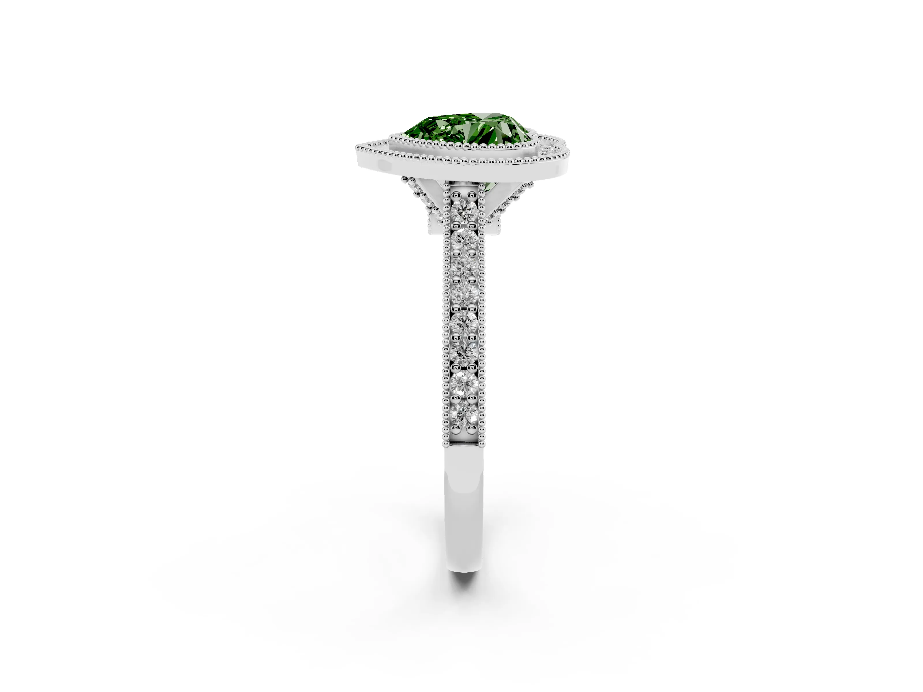 Fancy Green Heart Cut Diamond Halo Milgrain Pavé Band Ring Set in Platinum with Prong Setting