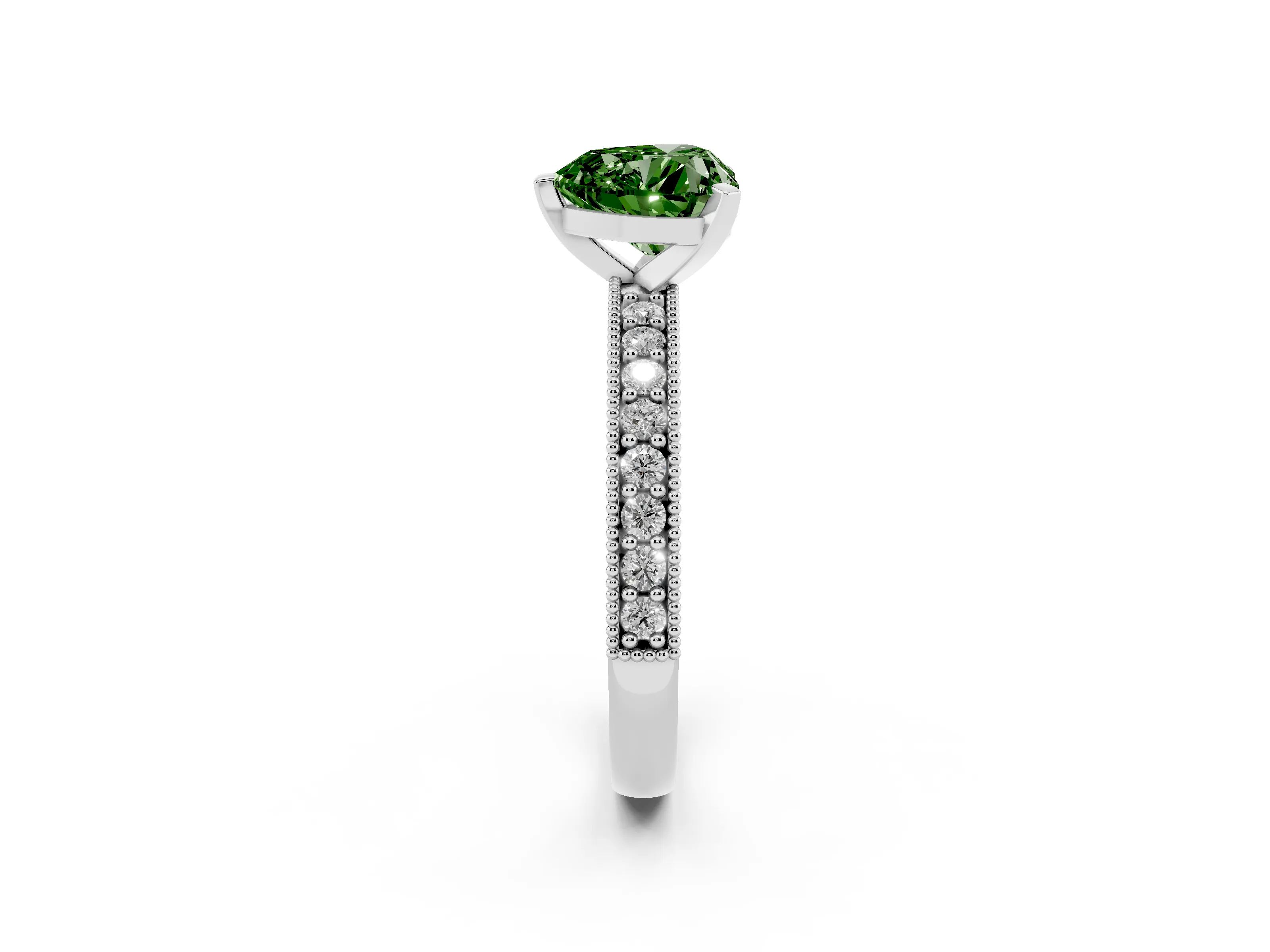 Fancy Green Heart Cut Diamond Milgrain Pavé Engagement Ring Set in Silver with Prong Setting