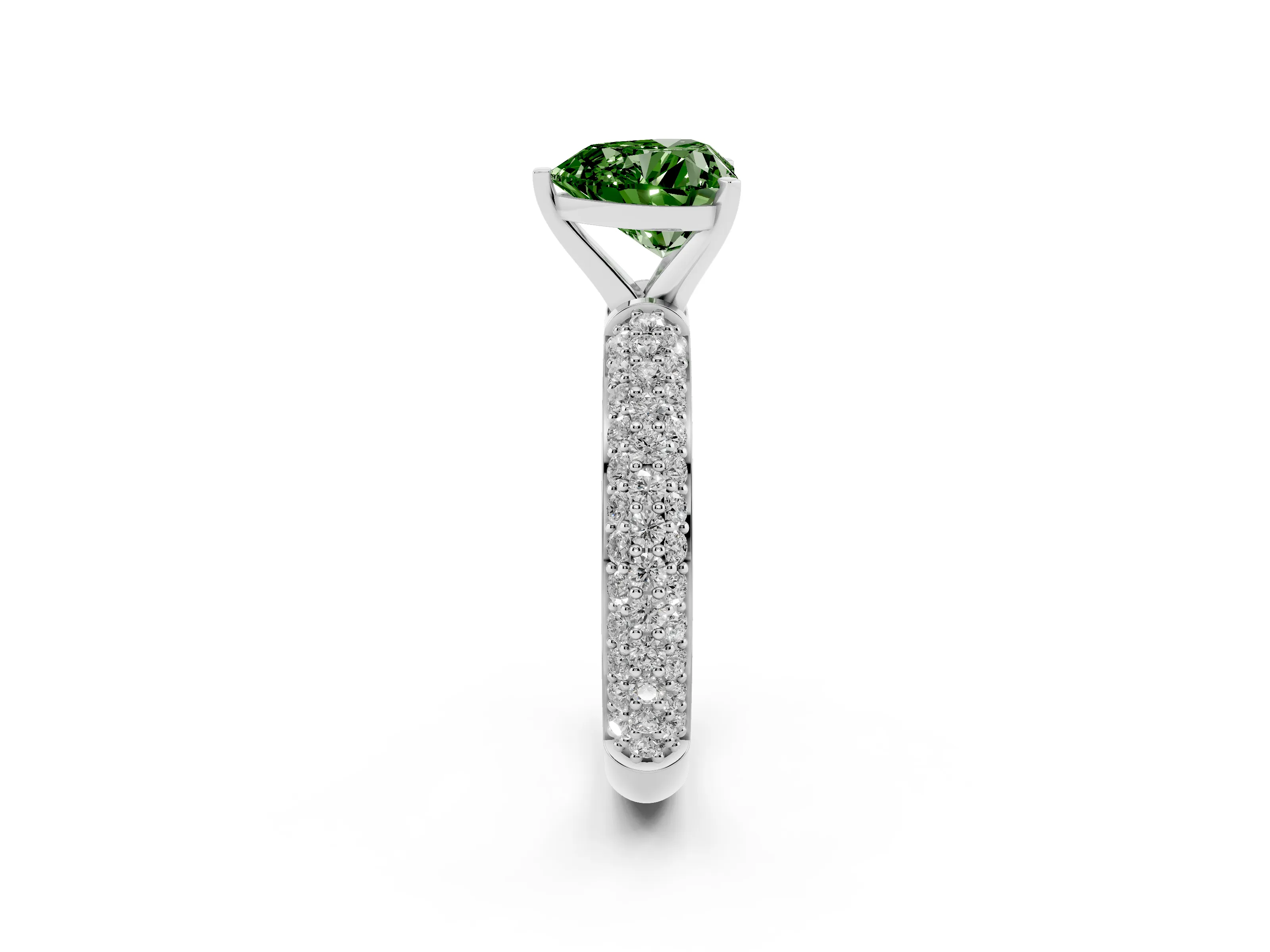 Fancy Green Heart Cut Diamond Solitaire Ring Set in Platinum with Prong Setting and Pavé-Set Band