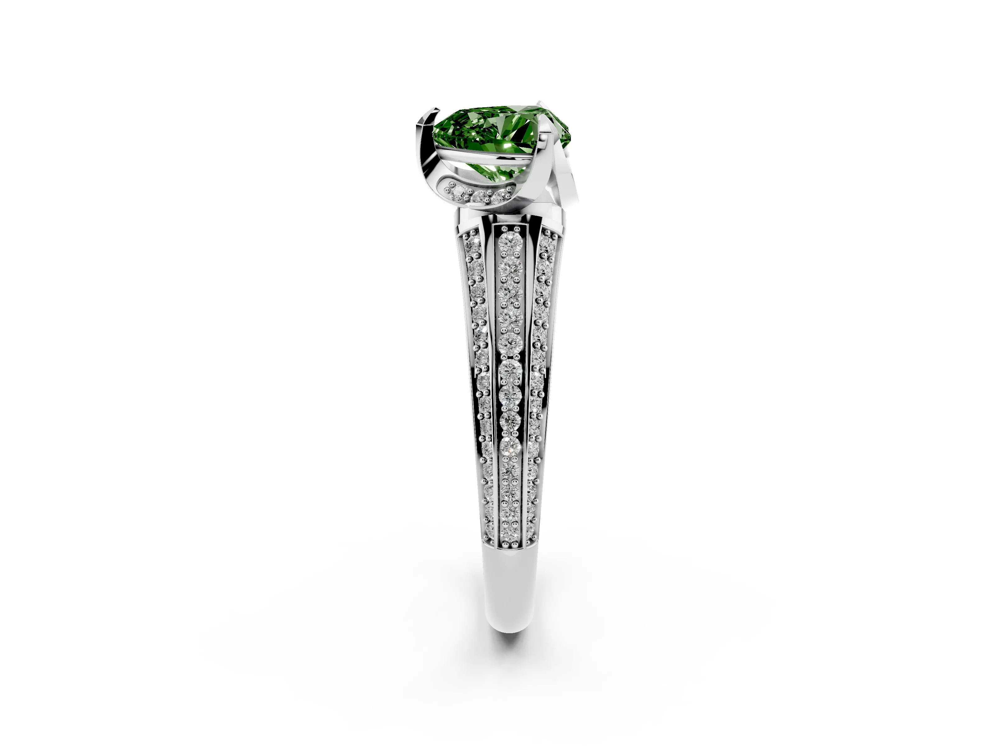 Fancy Green Heart Cut Diamond Pavé Split Shank Solitaire Ring Set in Silver with Prong Setting