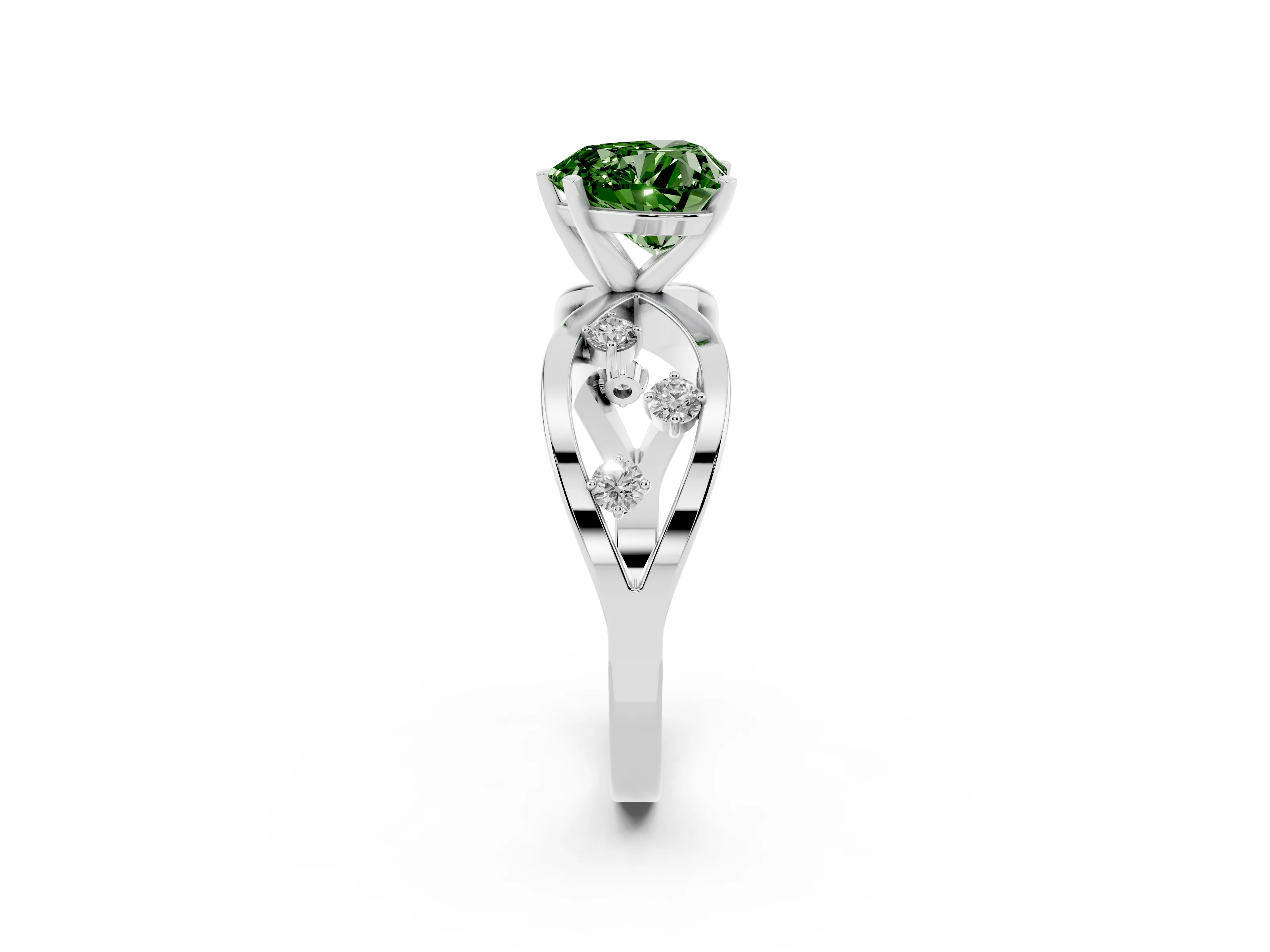 Fancy Green Heart Cut Diamond Solitaire Ring Set in Silver with Side Stones on Criss-Cross Band and Prong Setting