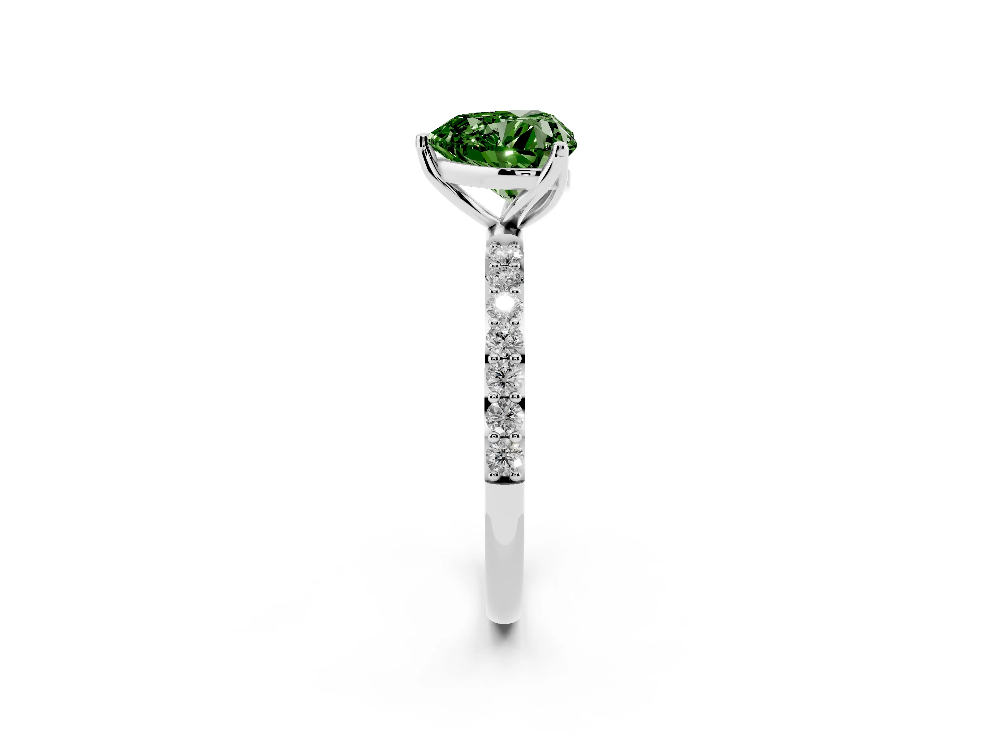 Fancy Green Heart Cut Diamond Solitaire Engagement Ring Set in Platinum with Round Pavé Band and Prong Setting