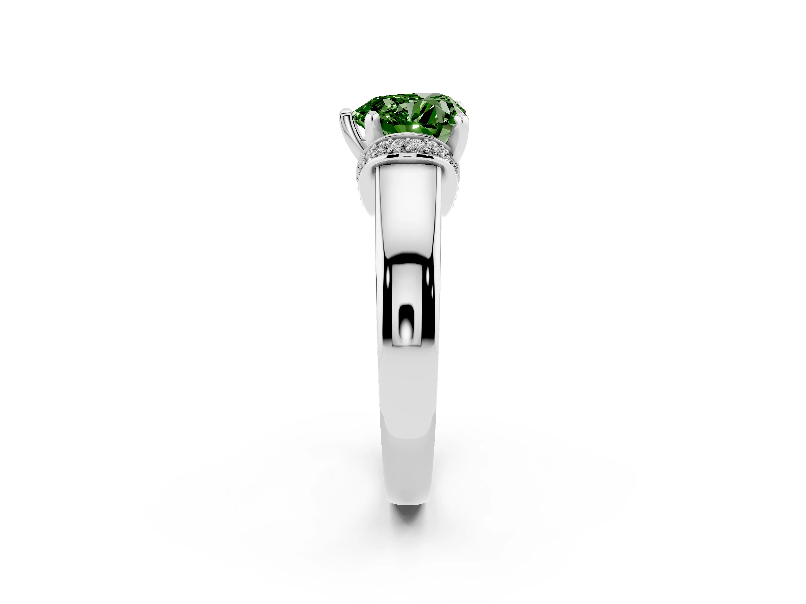 Fancy Green Heart Cut Diamond Pavé Band Solitaire Ring Set in Platinum with Prong Setting
