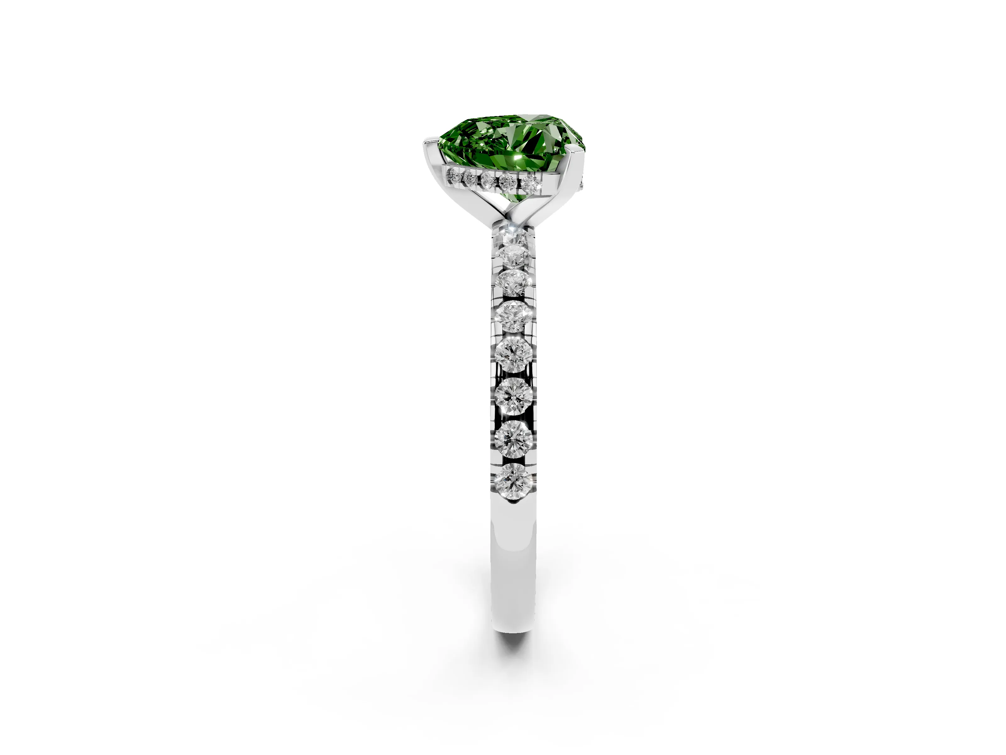 Fancy Green Heart Cut Diamond Pavé Solitaire Ring Set in White gold with Round Band Accents and Prong Setting