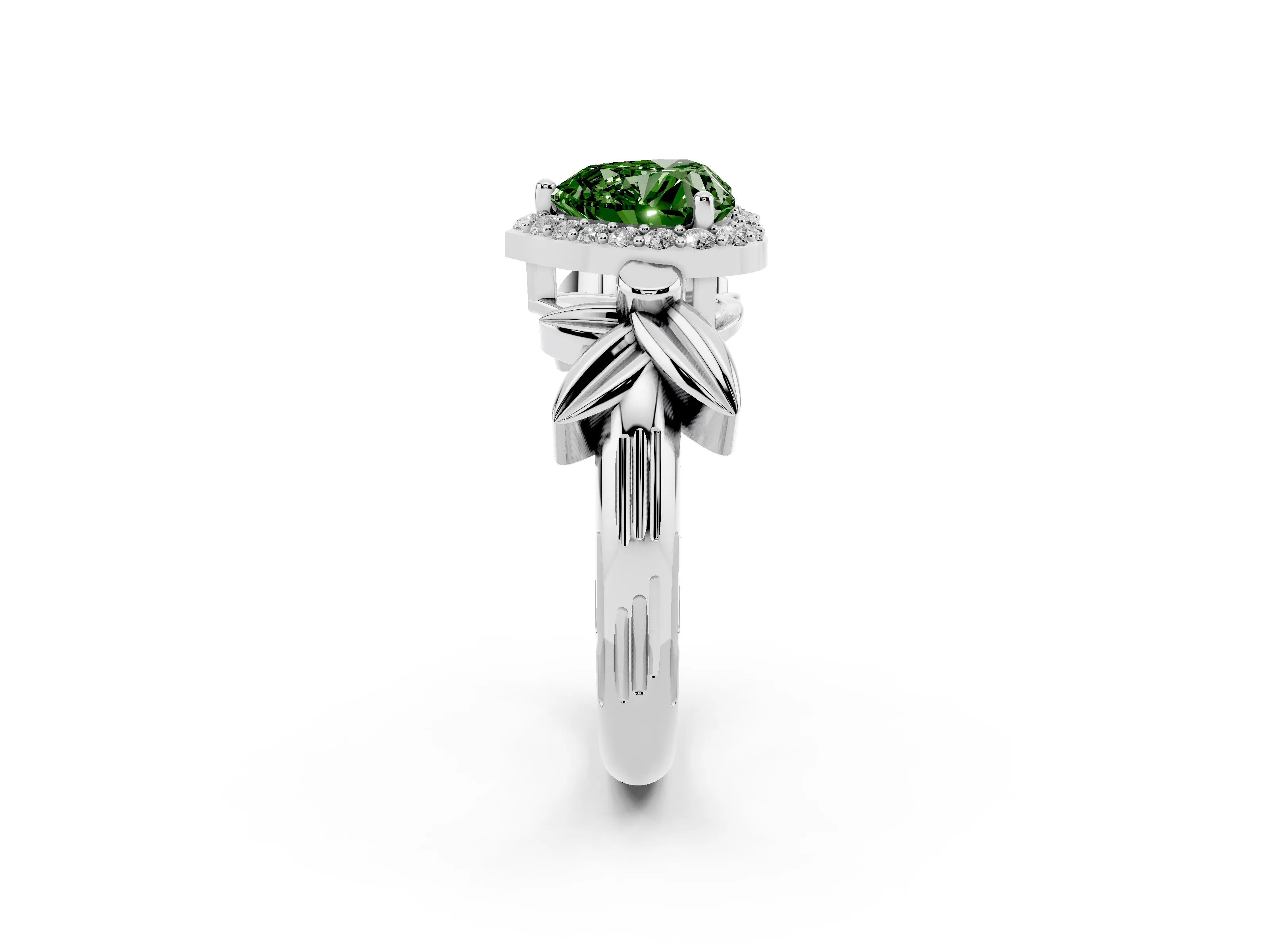 Fancy Green Heart Cut Diamond Halo Floral Band Ring Set in White gold with Prong Setting