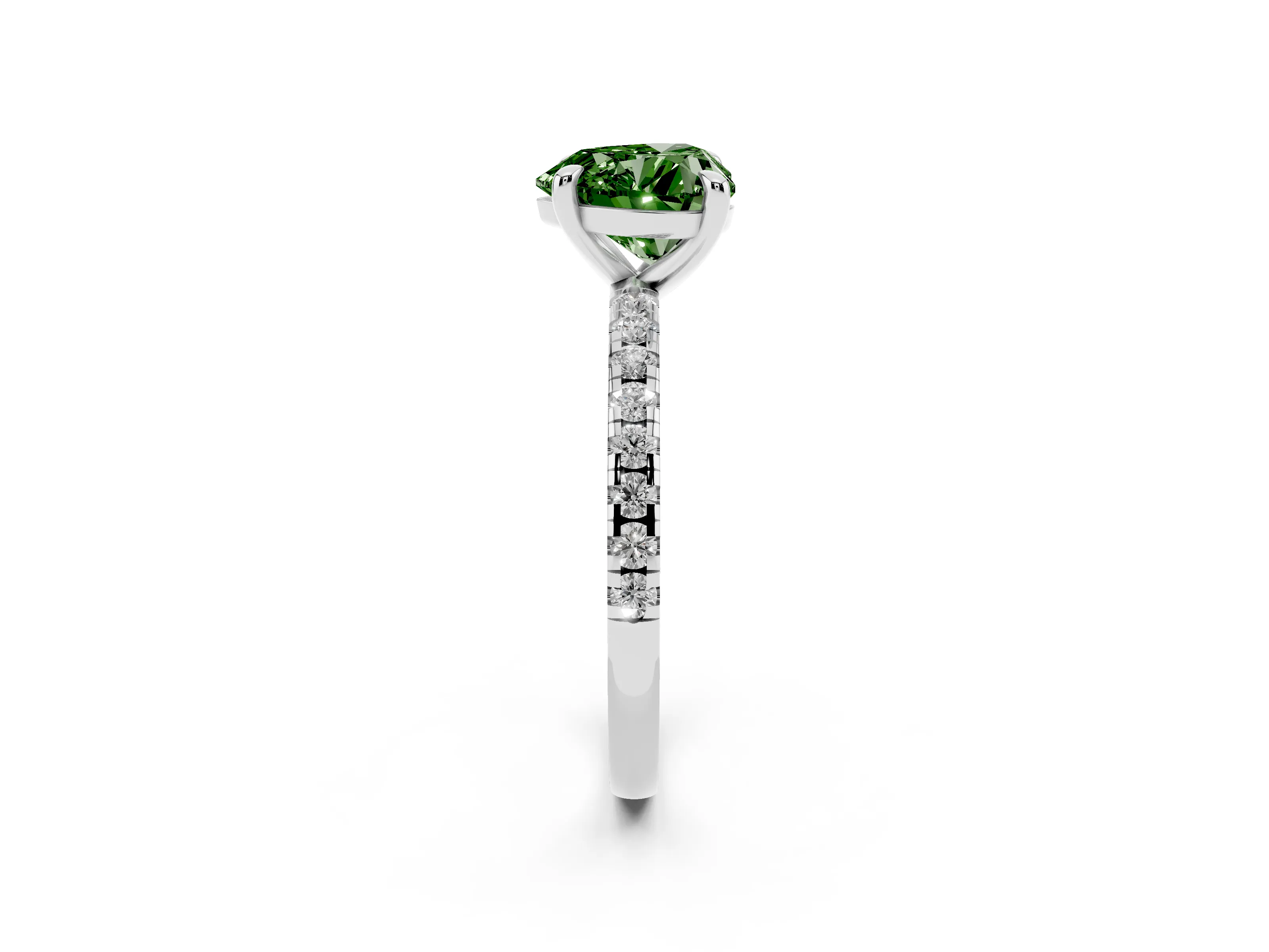 Fancy Green Heart Cut Diamond Brilliant Solitaire Ring Set in Platinum with Pavé Band and Prong Setting