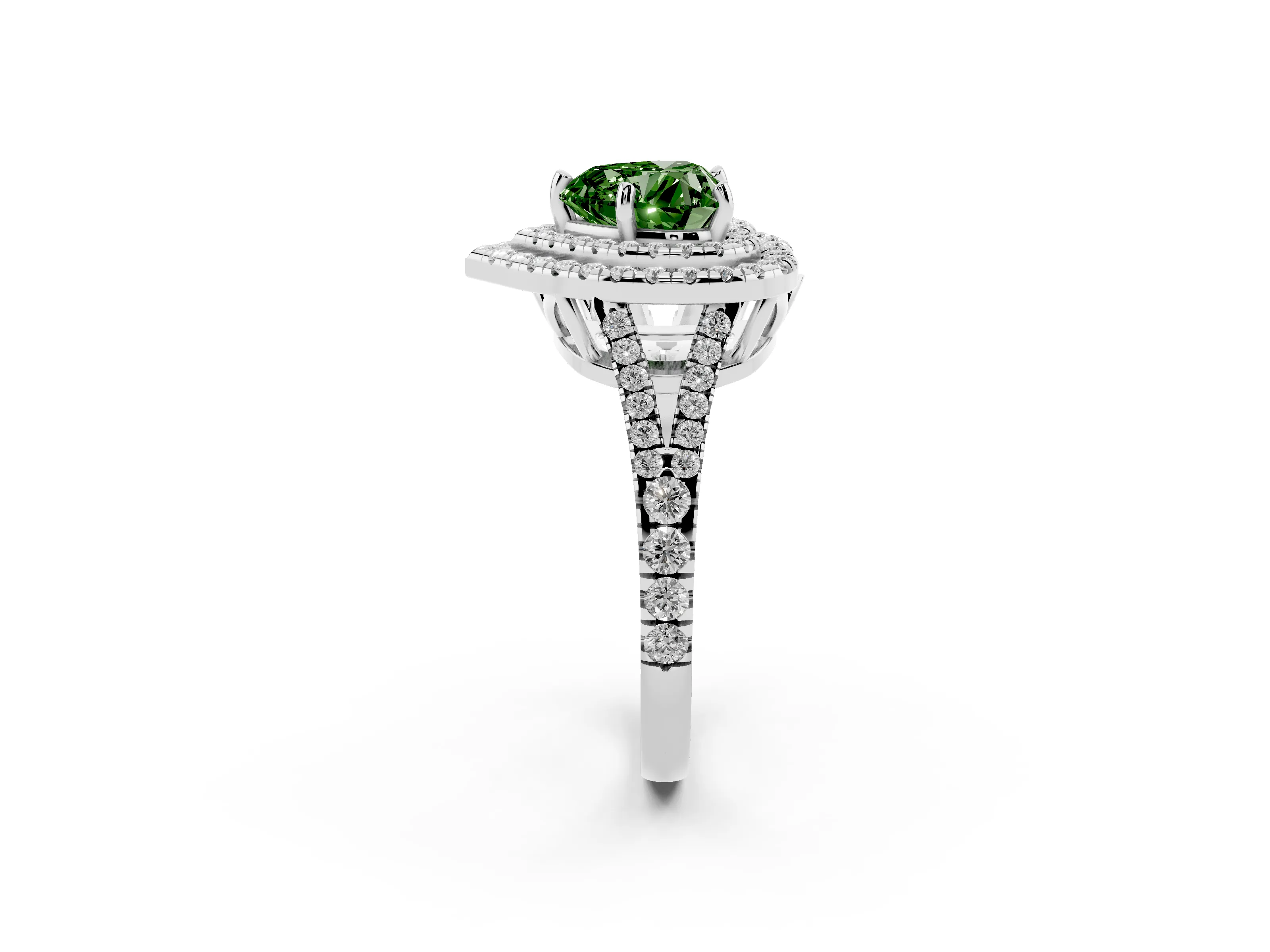 Fancy Green Heart Cut Diamond Double Halo Ring Set in White gold with Pavé Band