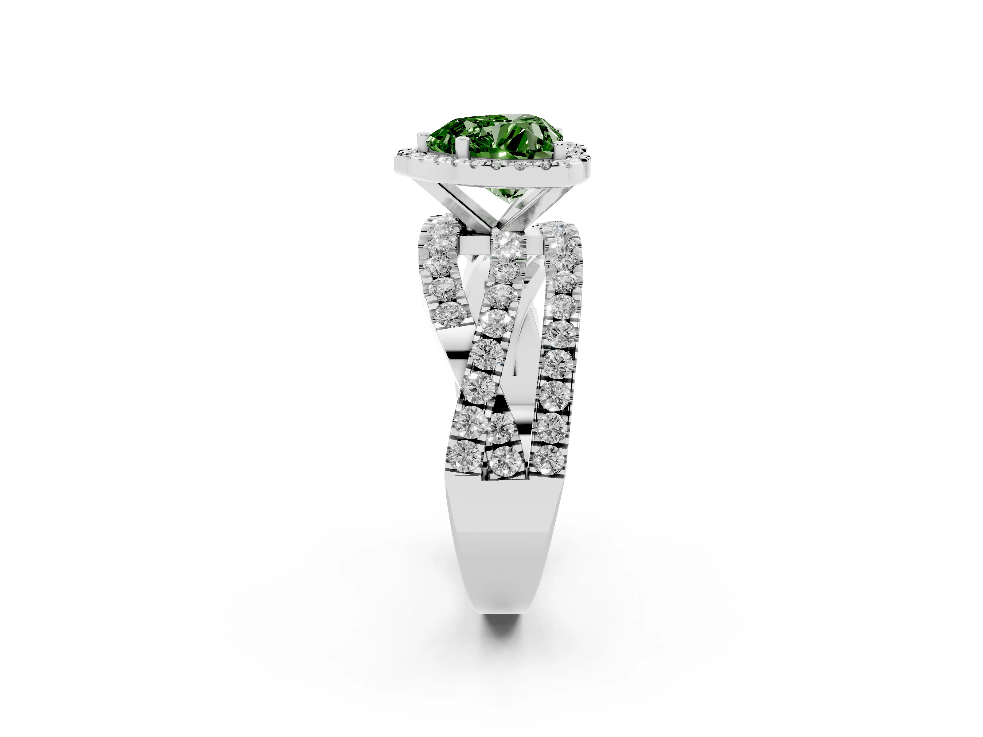 Fancy Green Heart Cut Diamond Halo Ring Set in White gold with Round Crossover Split Shank and Prong Setting