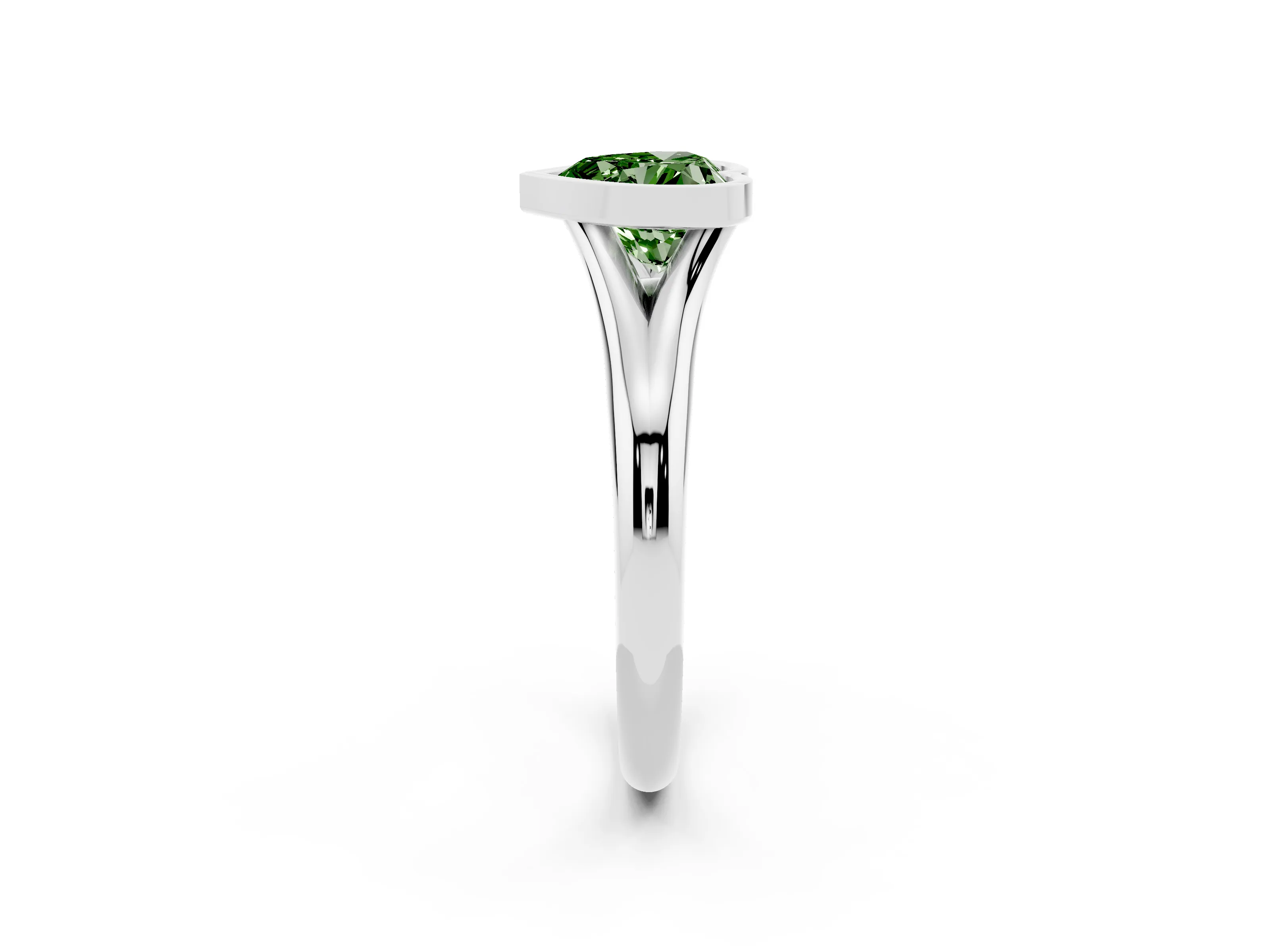 Fancy Green Bezel Set Heart Cut Diamond Solitaire Ring Set in Silver with Smooth Band