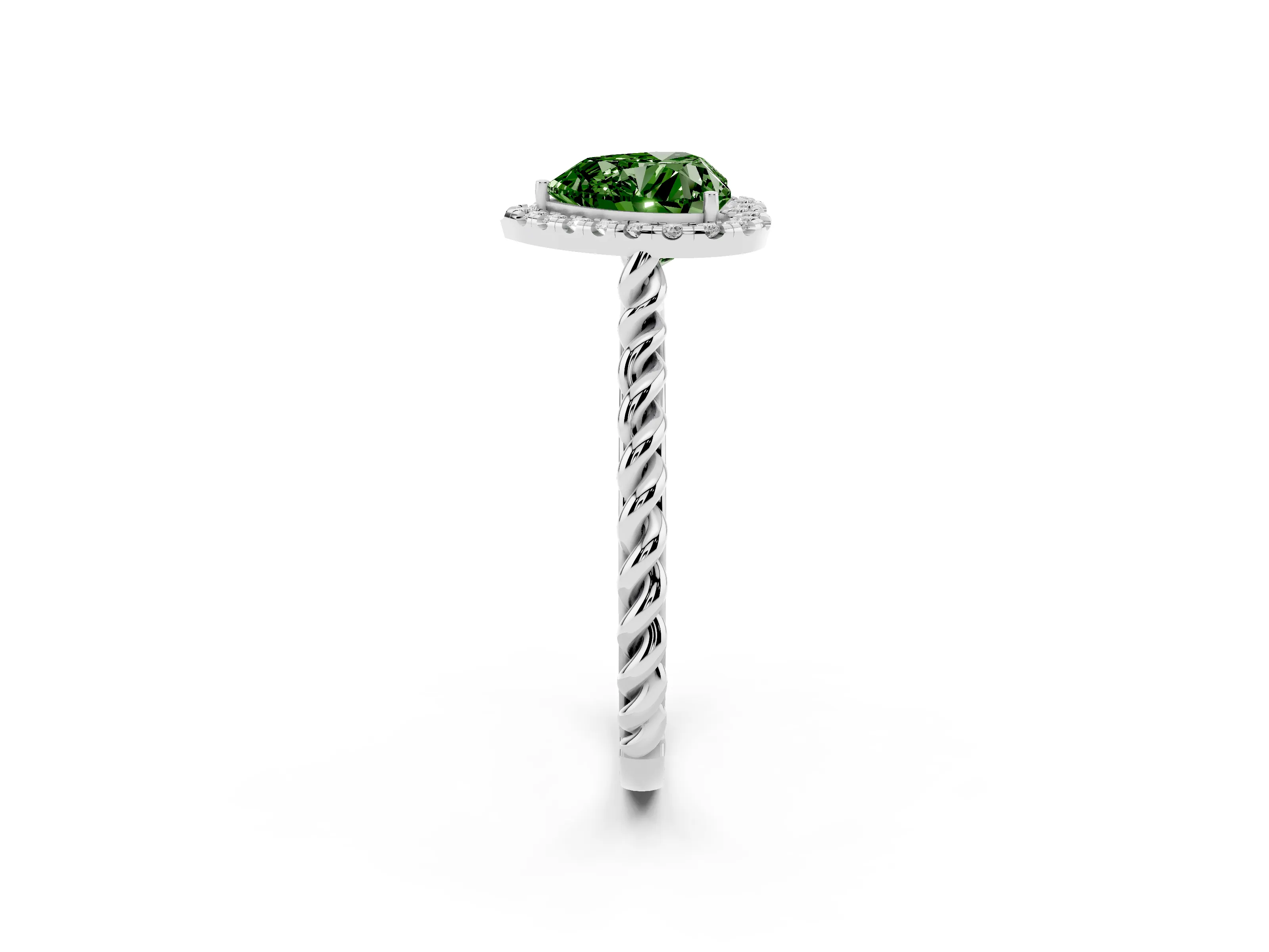 Fancy Green Heart Cut Diamond Halo Ring Set in Silver with Plain Twisted Band