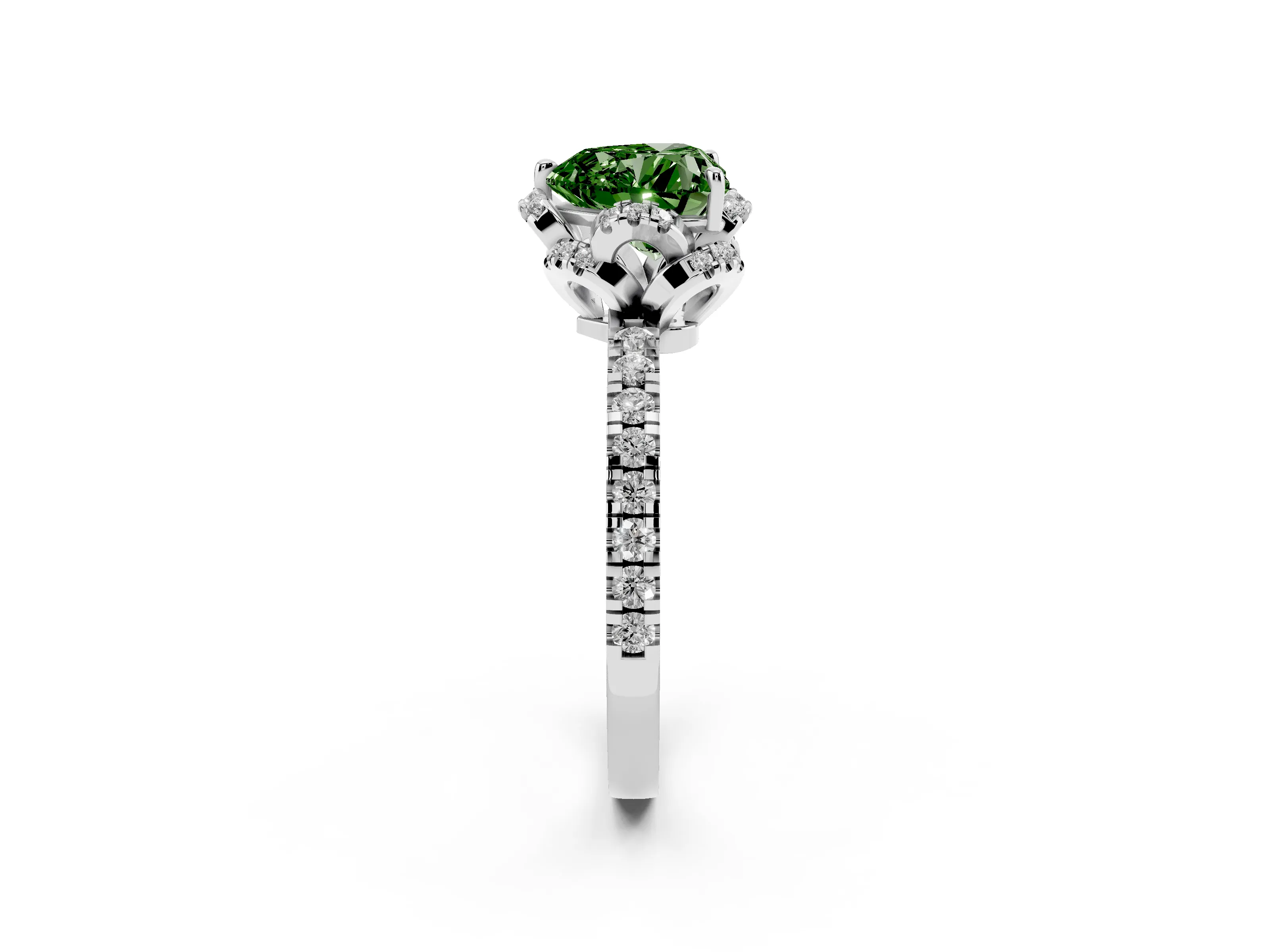 Fancy Green Heart Cut Diamond Halo Pavé Band Ring Set in White gold with Prong-Held Center