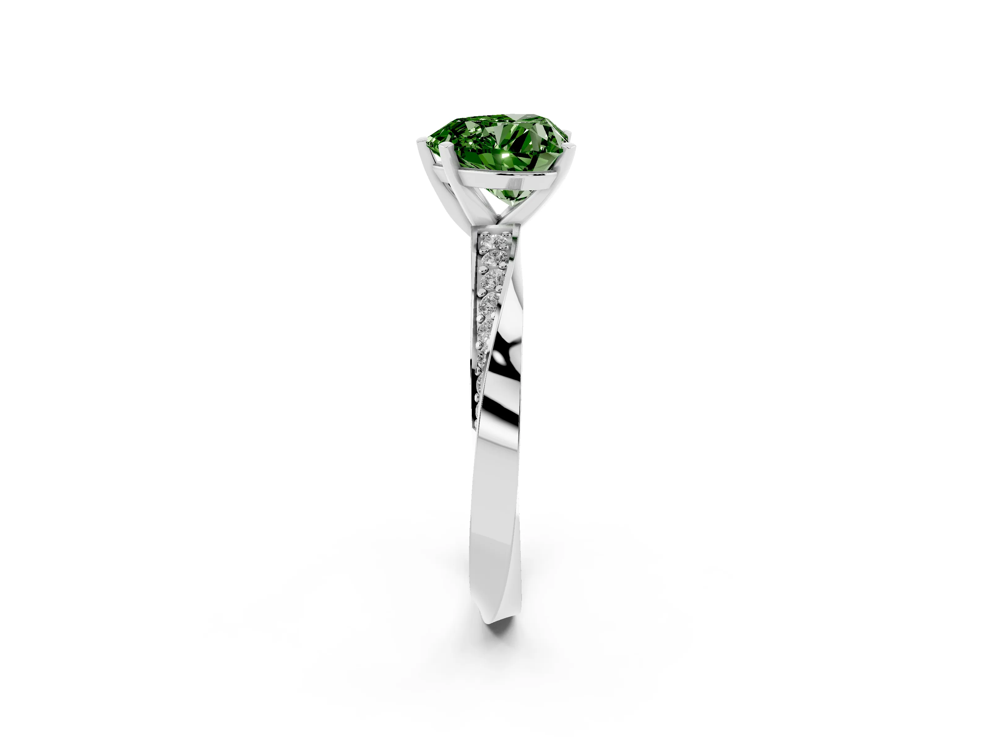 Fancy Green Heart Cut Diamond Engagement Ring Set in White gold with Side Stone Accents and Prong Setting