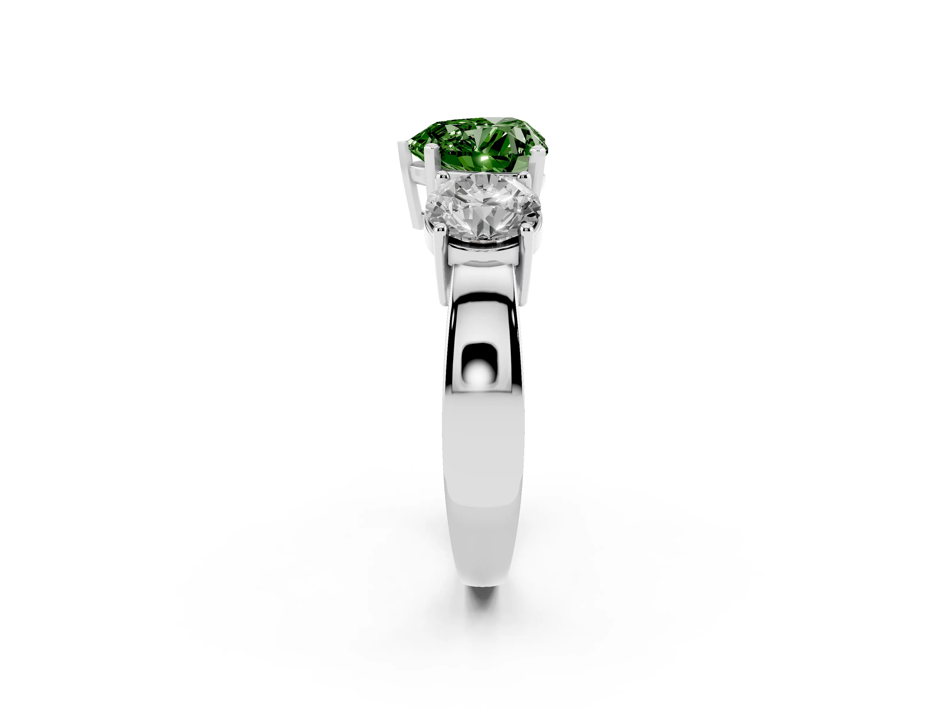Fancy Green Heart Cut Diamond Three-Stone Ring Set in Platinum with Round Side Stones and Classic Band