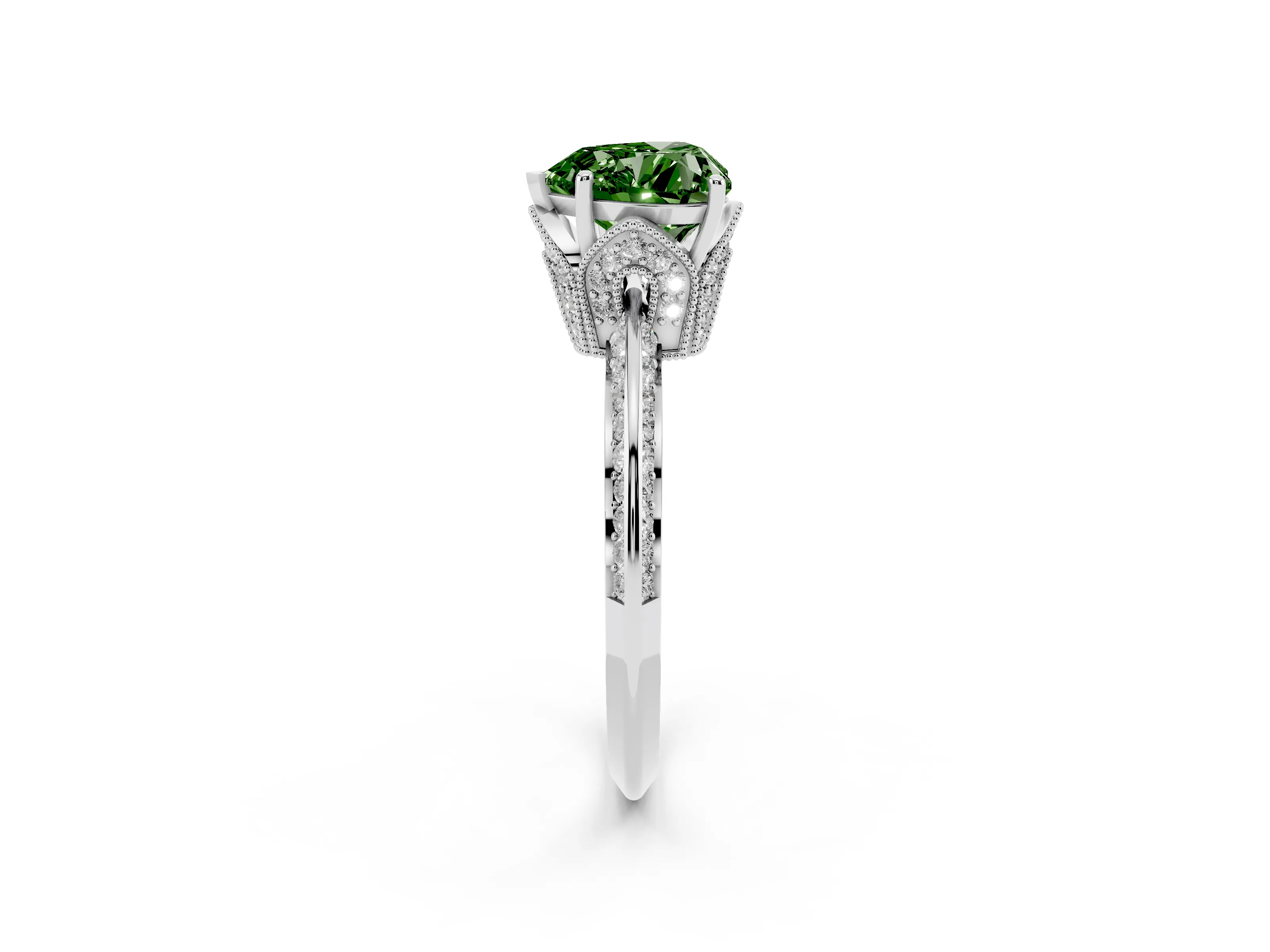 Fancy Green Heart Cut Diamond Solitaire Engagement Ring Set in White gold with Pavé Split Shank and Prong Setting