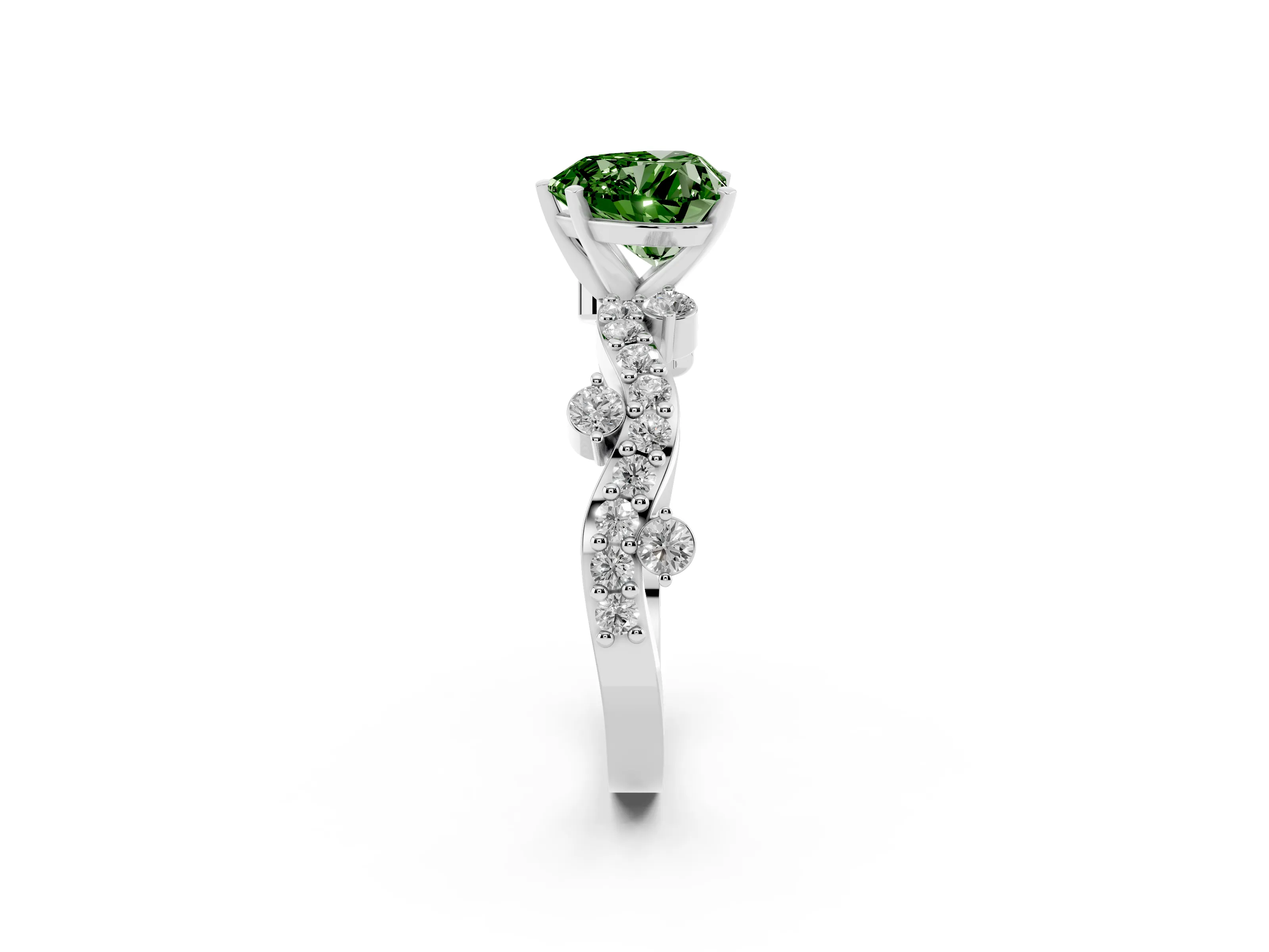 Fancy Green Heart Cut Diamond Solitaire Twisted Band Set in Platinum with Pavé Setting
