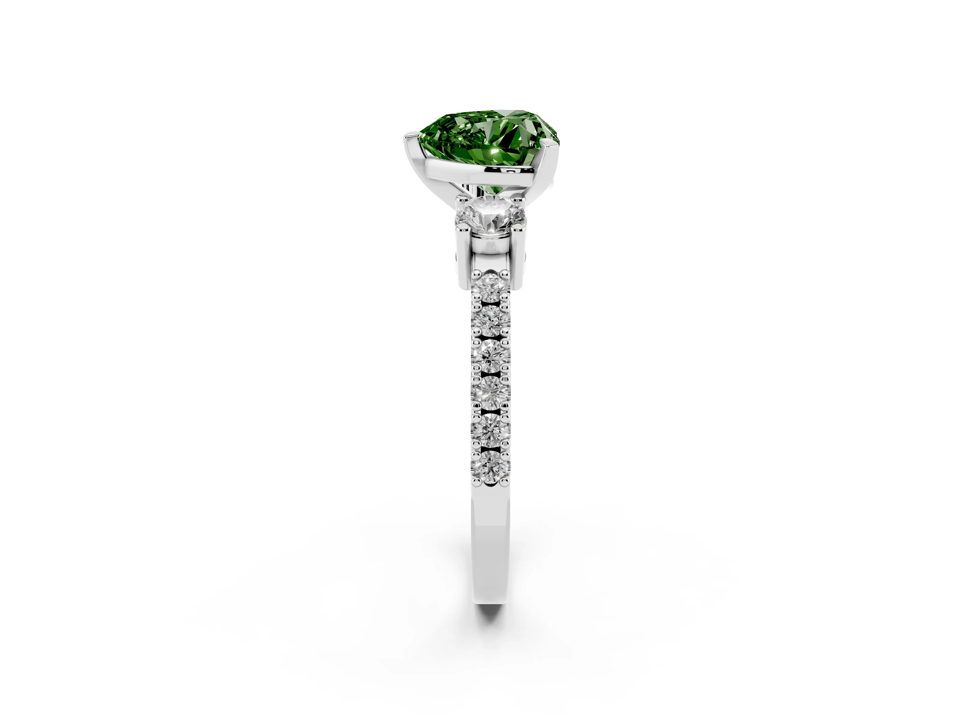 Fancy Green Three-Stone Heart Cut Diamond Pavé Band Ring Set in White gold with Prong Setting