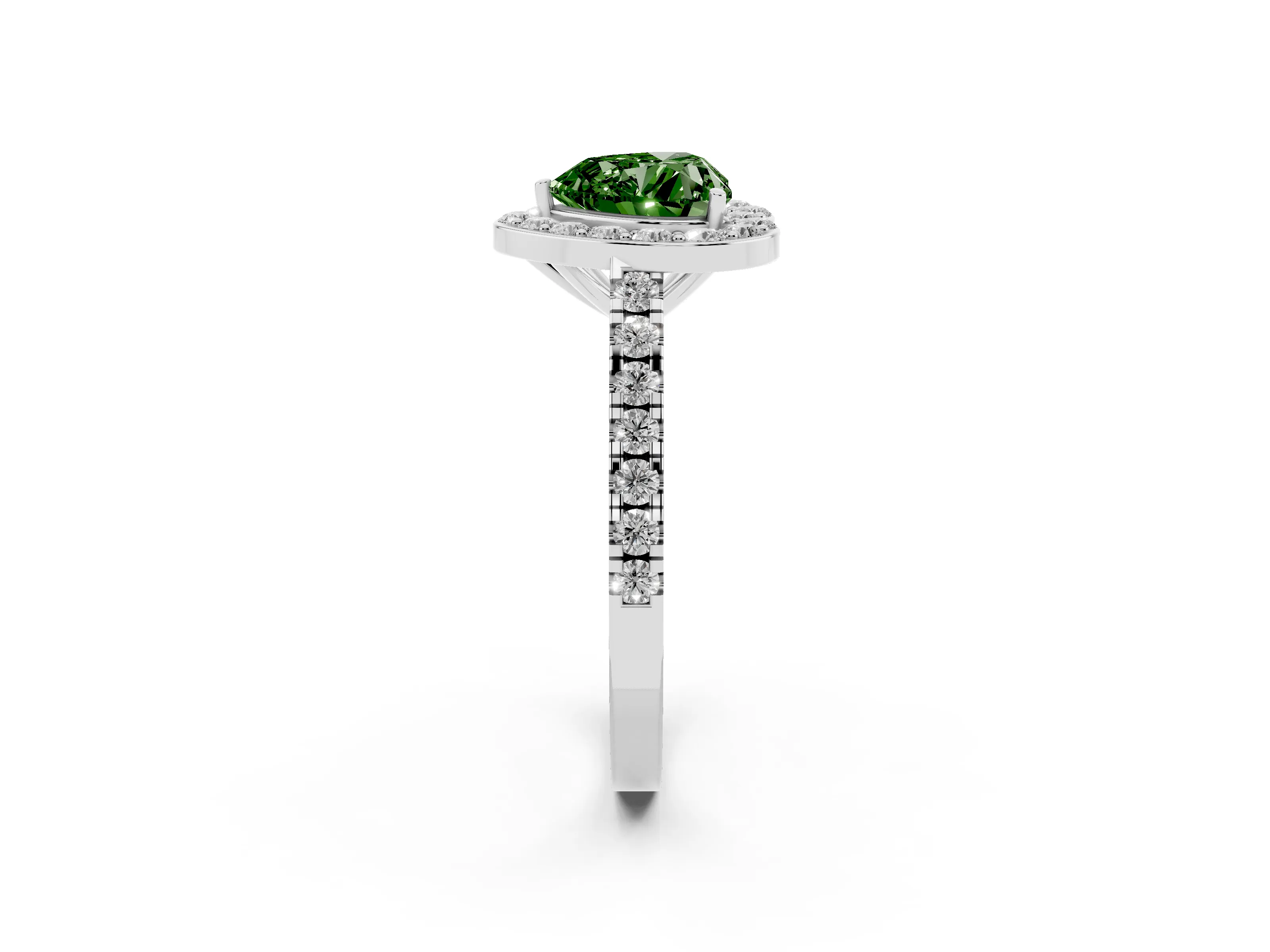 Fancy Green Heart Cut Diamond Halo Ring Set in White gold with Round Pavé Split Shank and Prong Setting