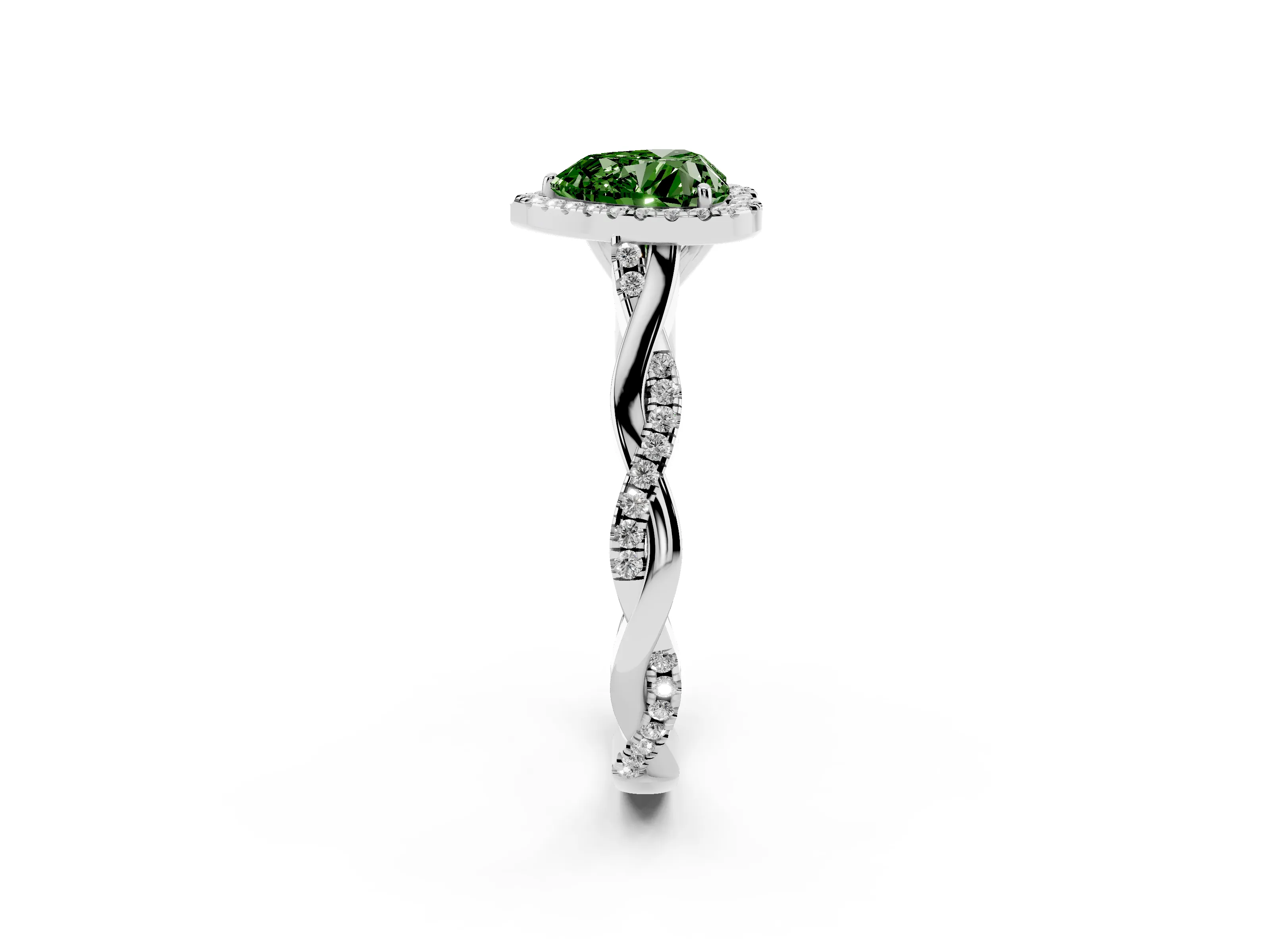 Fancy Green Heart Cut Diamond Halo Twist Band Solitaire Ring Set in White gold with Prong Setting