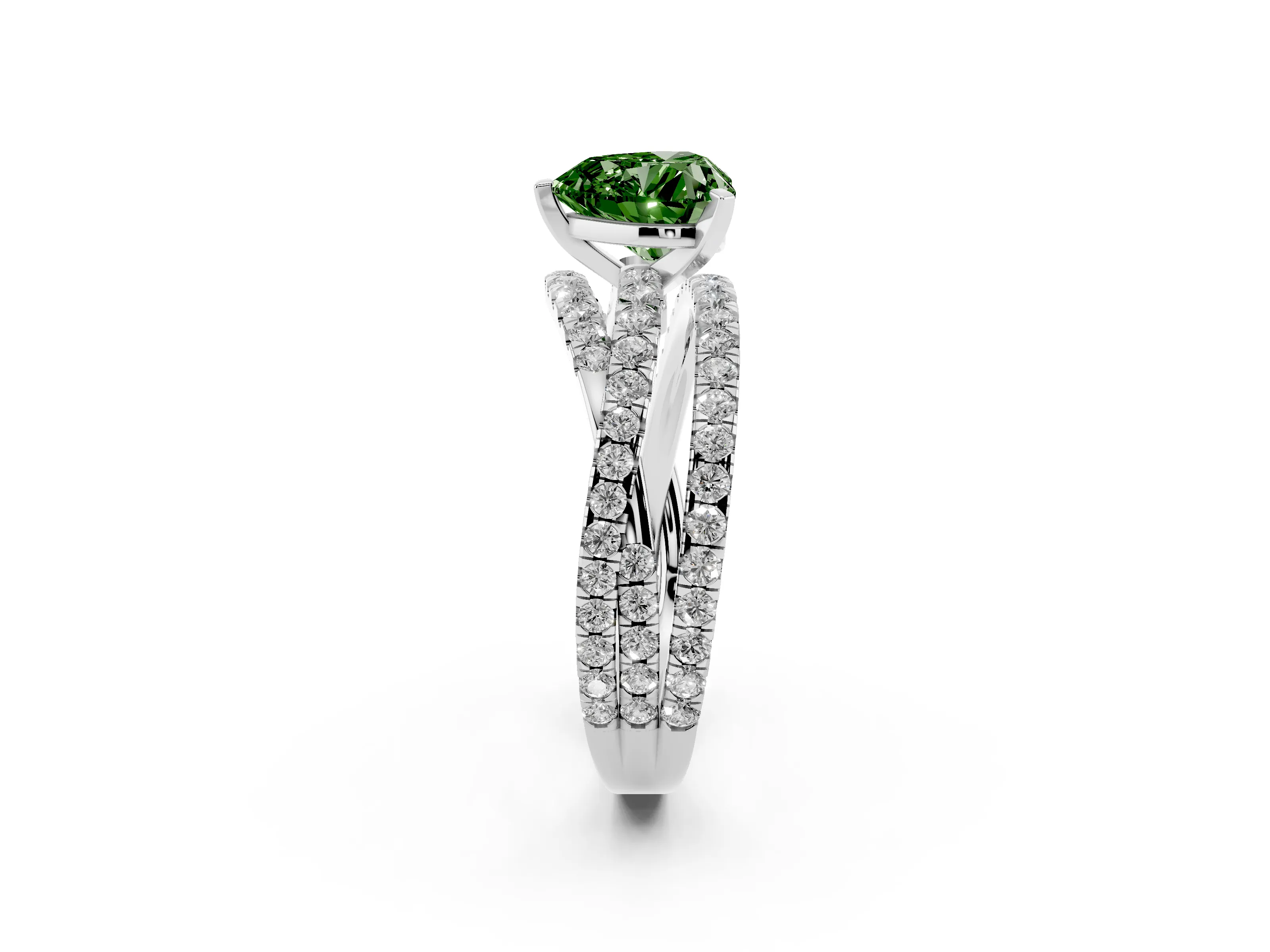 Fancy Green Heart Cut Diamond Solitaire Twist Band Ring Set in Silver with Pavé Setting and Prong Head
