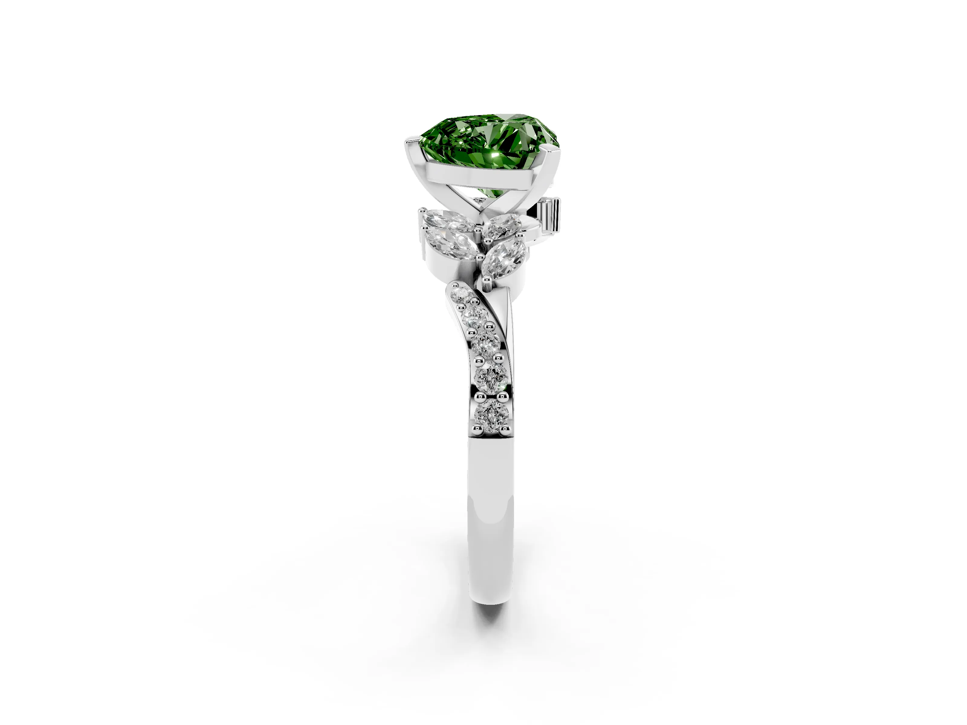 Fancy Green Heart Cut Diamond Solitaire Ring Set in Platinum with Marquise Twist Band and Prong Setting